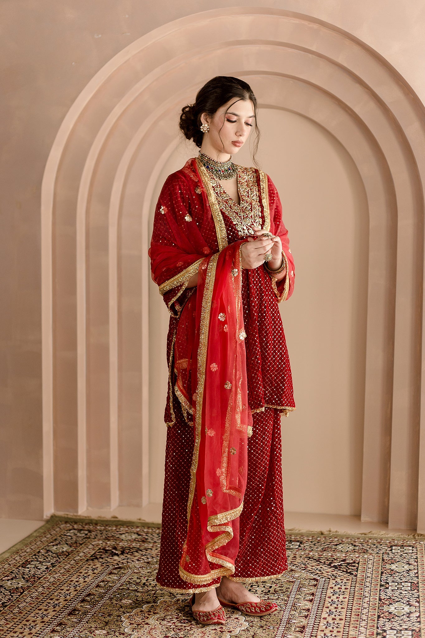 GOTA PATTI DETAILING GAUHAR RED VELVET KURTA SET WITH ORGANZA DUPATTA