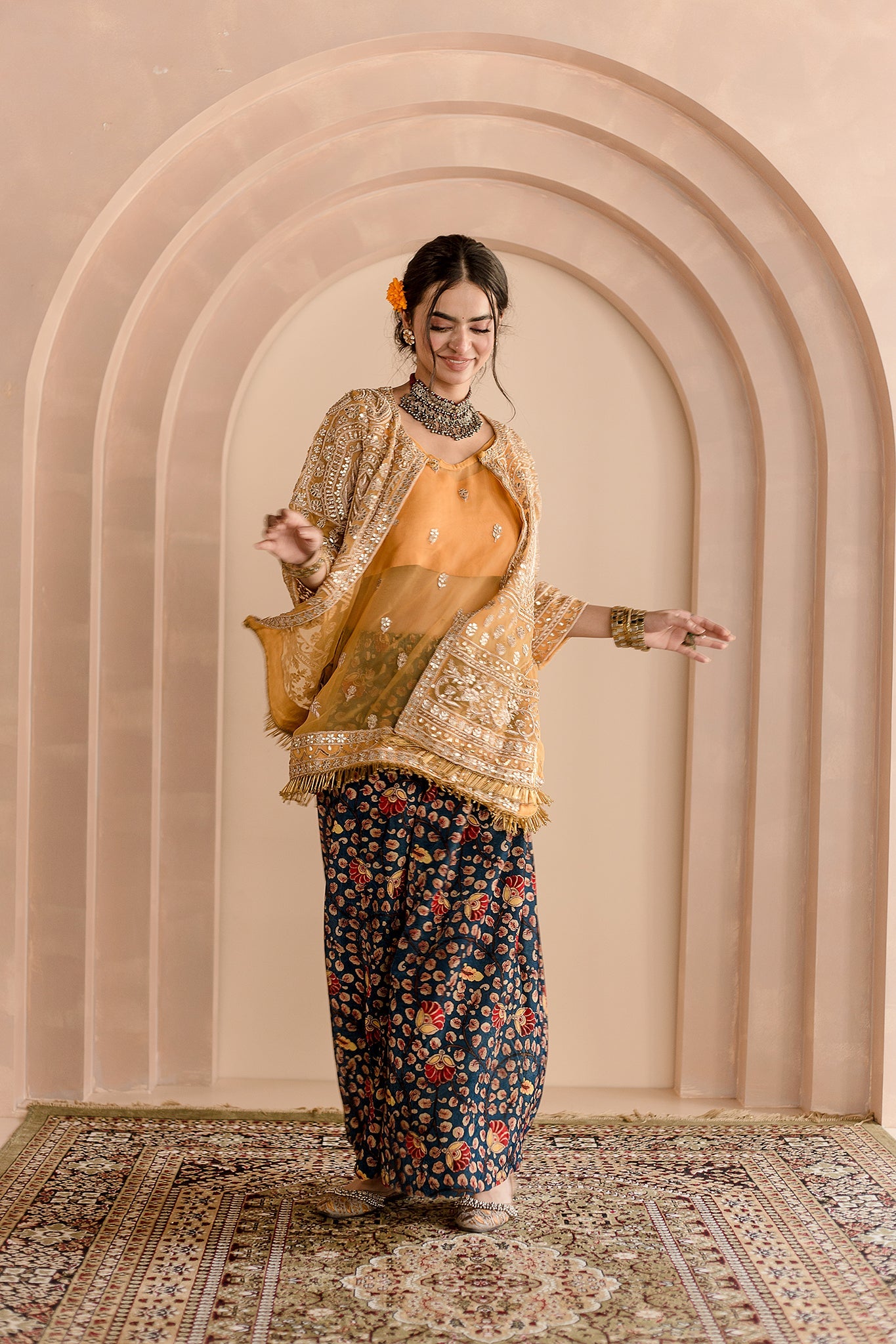 VELVET SHARARA ORGANZA ZARDOZI JACKET SHEETAL YELLOW SET