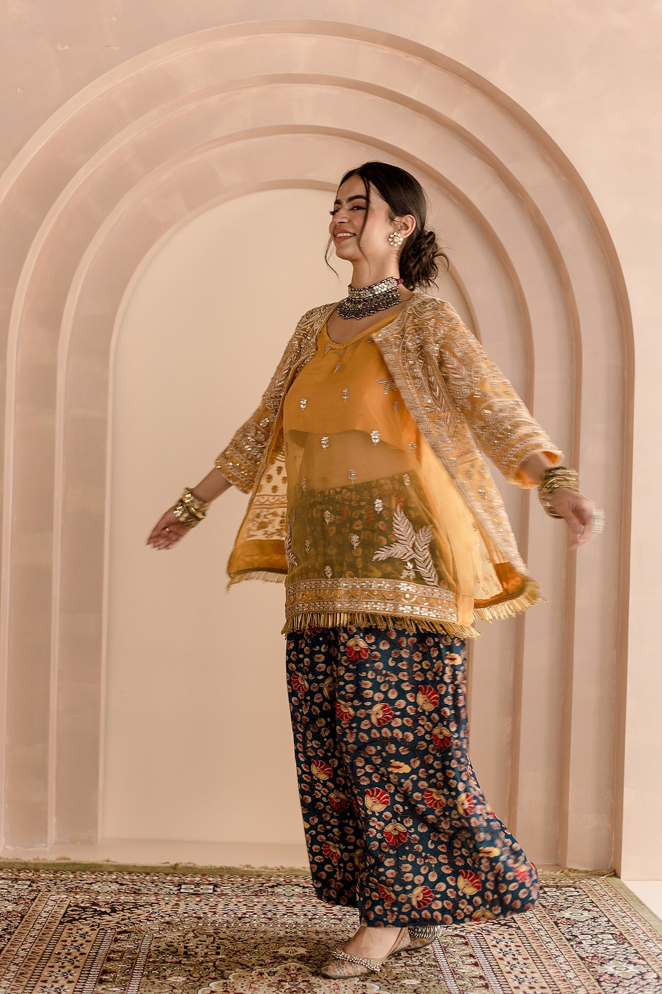 VELVET SHARARA ORGANZA ZARDOZI JACKET SHEETAL YELLOW SET