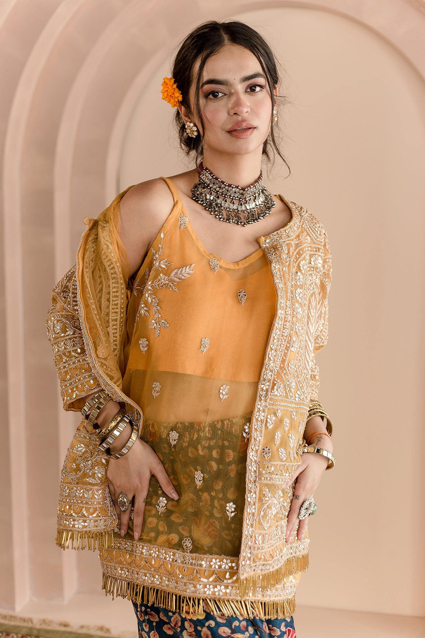 VELVET SHARARA ORGANZA ZARDOZI JACKET SHEETAL YELLOW SET