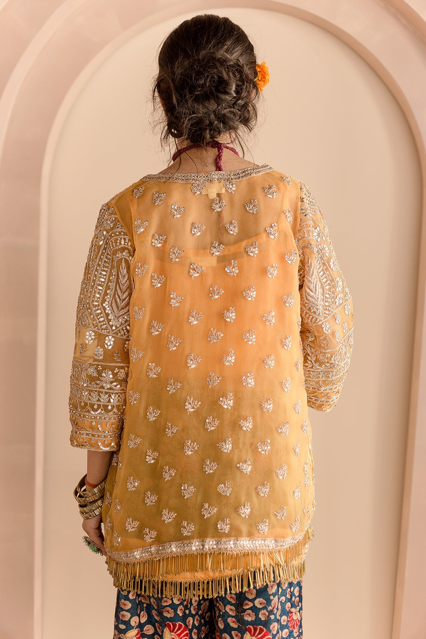 VELVET SHARARA ORGANZA ZARDOZI JACKET SHEETAL YELLOW SET