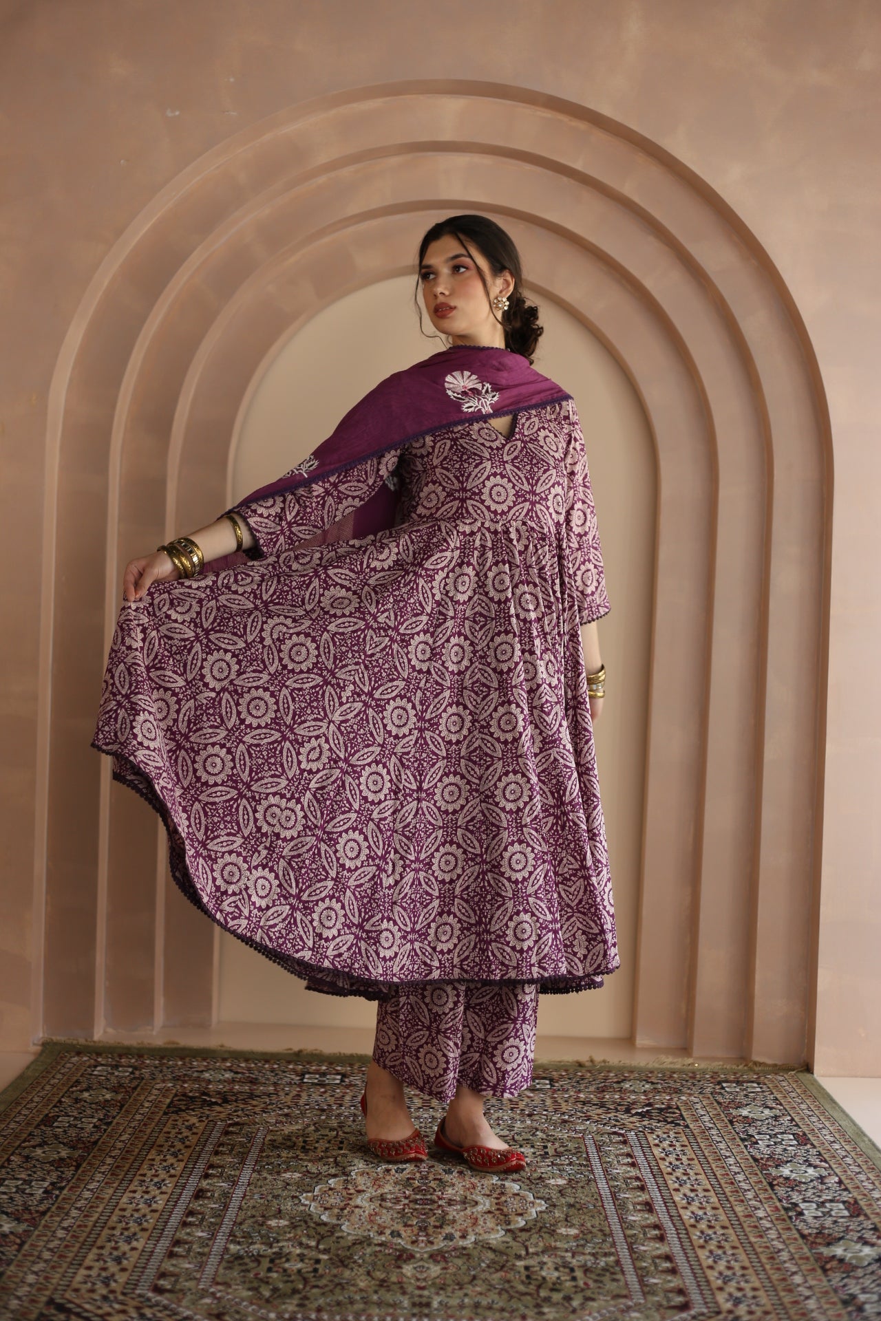 SHAILA PURPLE COTTON ANARKALI SET WITH EMBROIDERED DORIYA DUPATTA