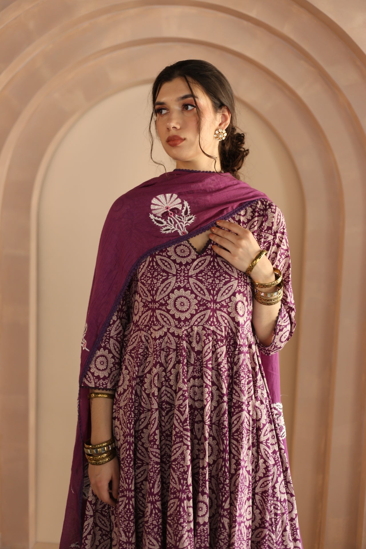 SHAILA PURPLE COTTON ANARKALI SET WITH EMBROIDERED DORIYA DUPATTA