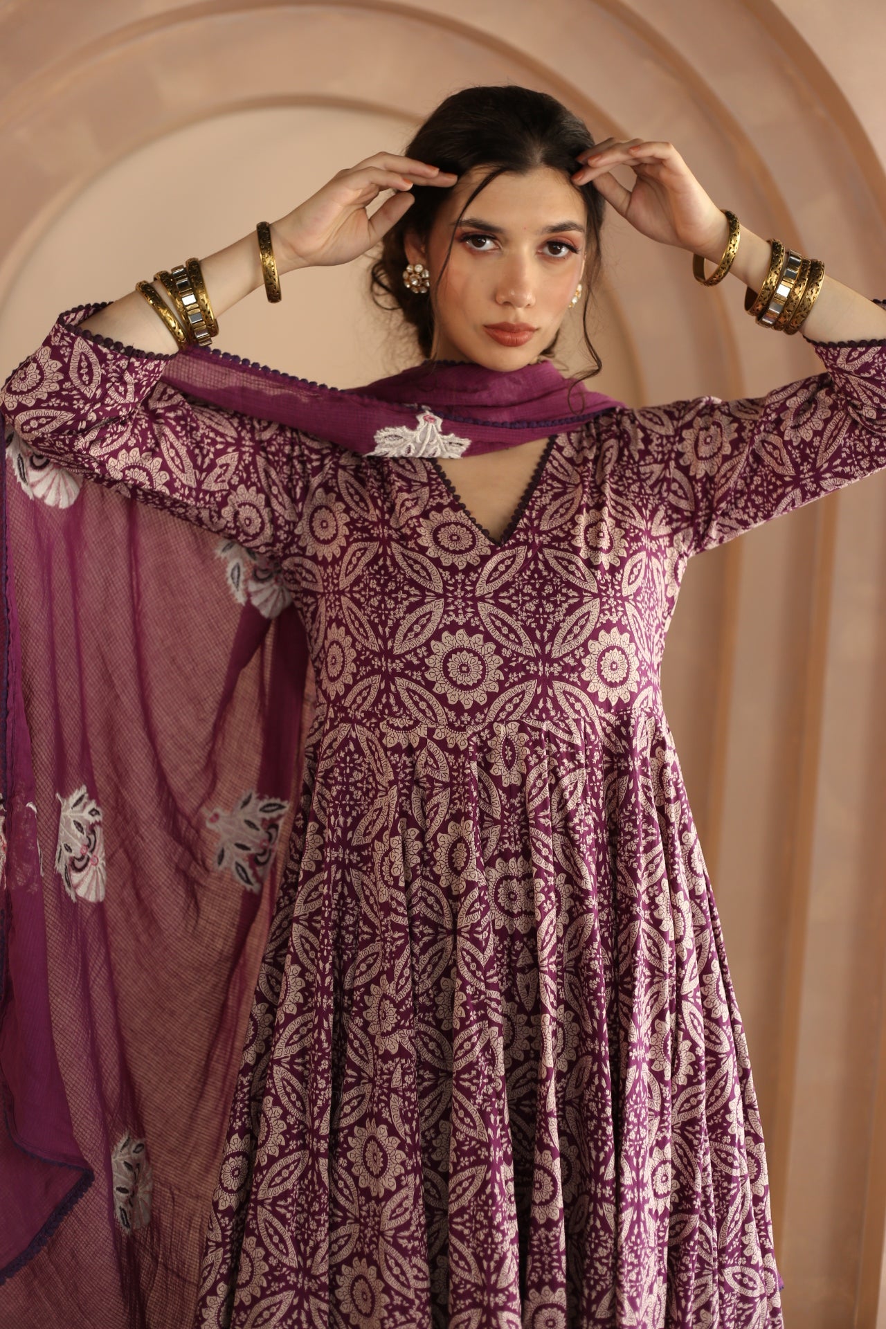 SHAILA PURPLE COTTON ANARKALI SET WITH EMBROIDERED DORIYA DUPATTA