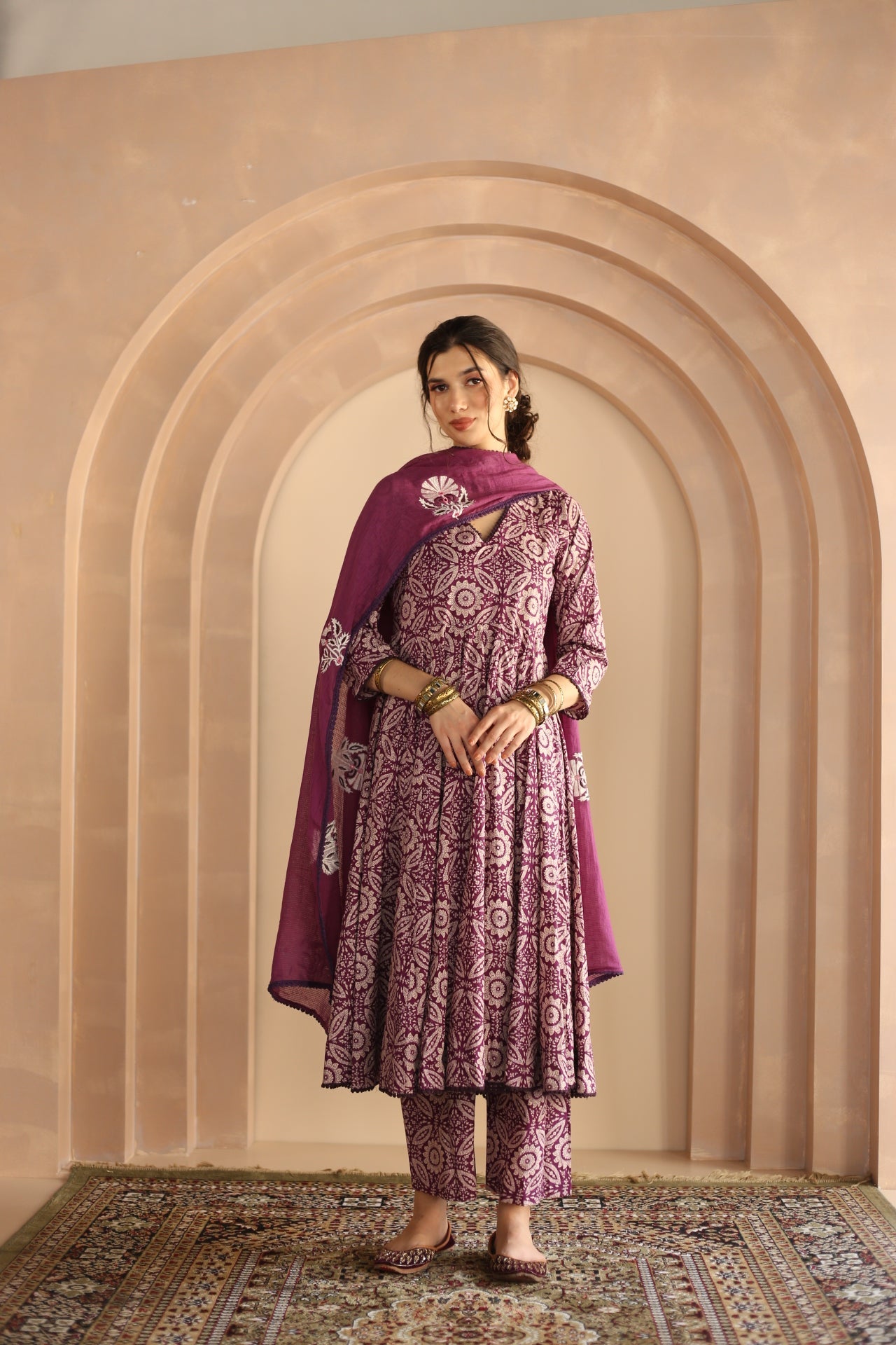 SHAILA PURPLE COTTON ANARKALI SET WITH EMBROIDERED DORIYA DUPATTA