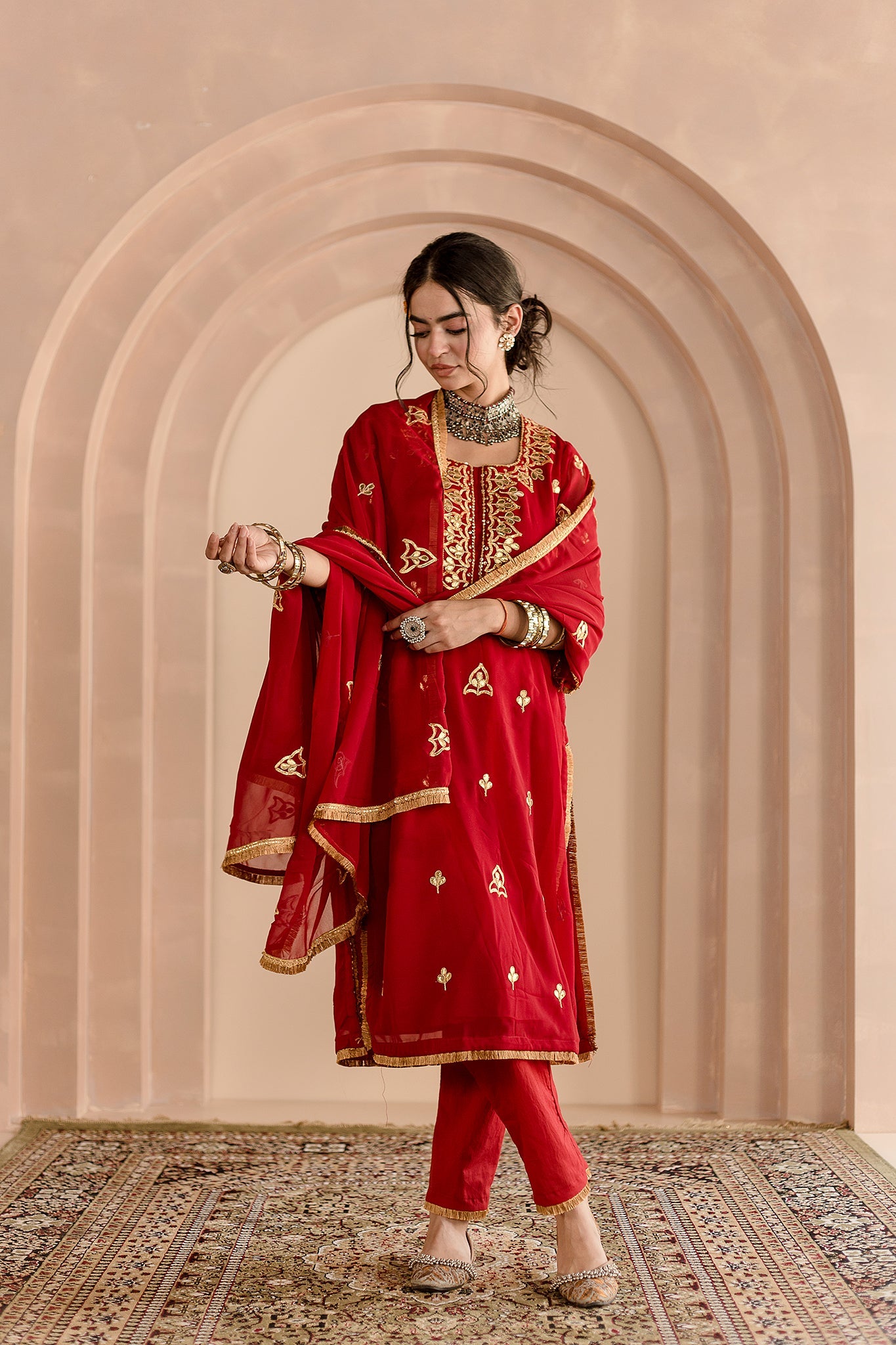 Georgette Straight Gotta Patti Detailing With Dupatta Shama Maroon Kurta Set