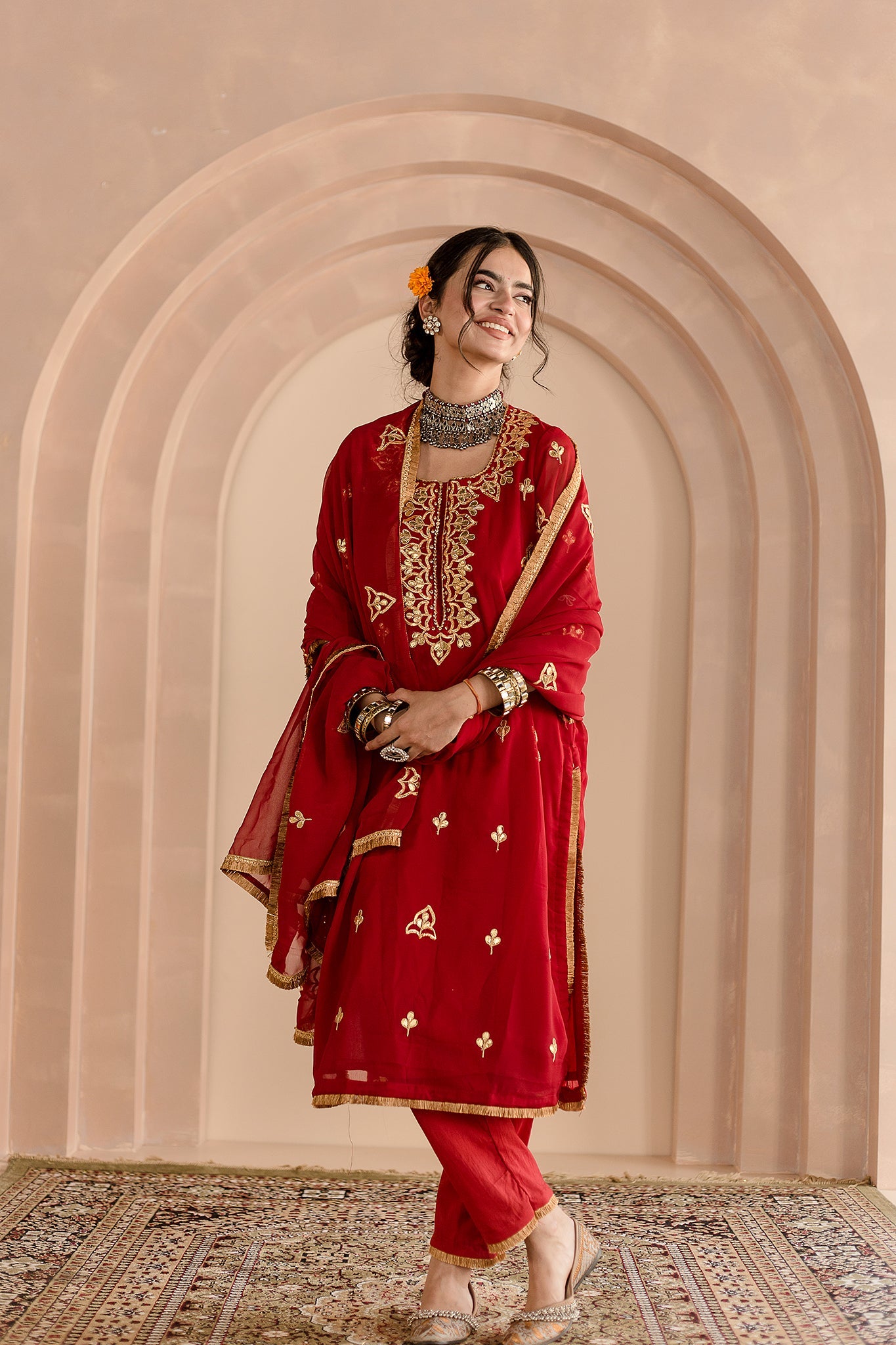 Georgette Straight Gotta Patti Detailing With Dupatta Shama Maroon Kurta Set