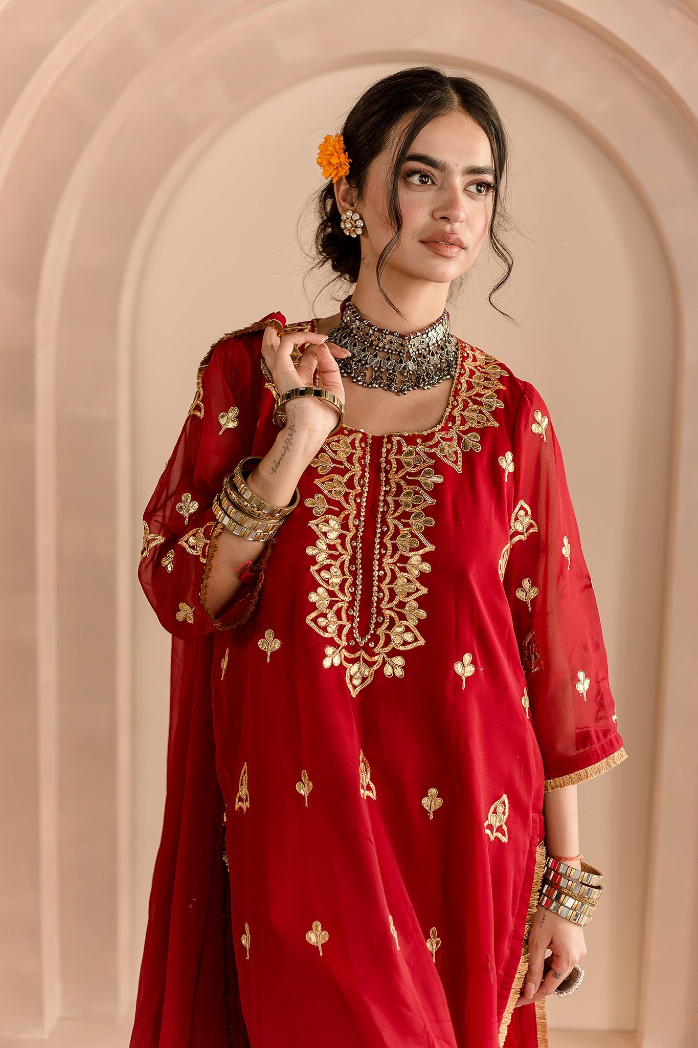 GEORGETTE STRAIGHT GOTTA PATTI DETAILING WITH DUPATTA SHAMA MAROON KURTA SET