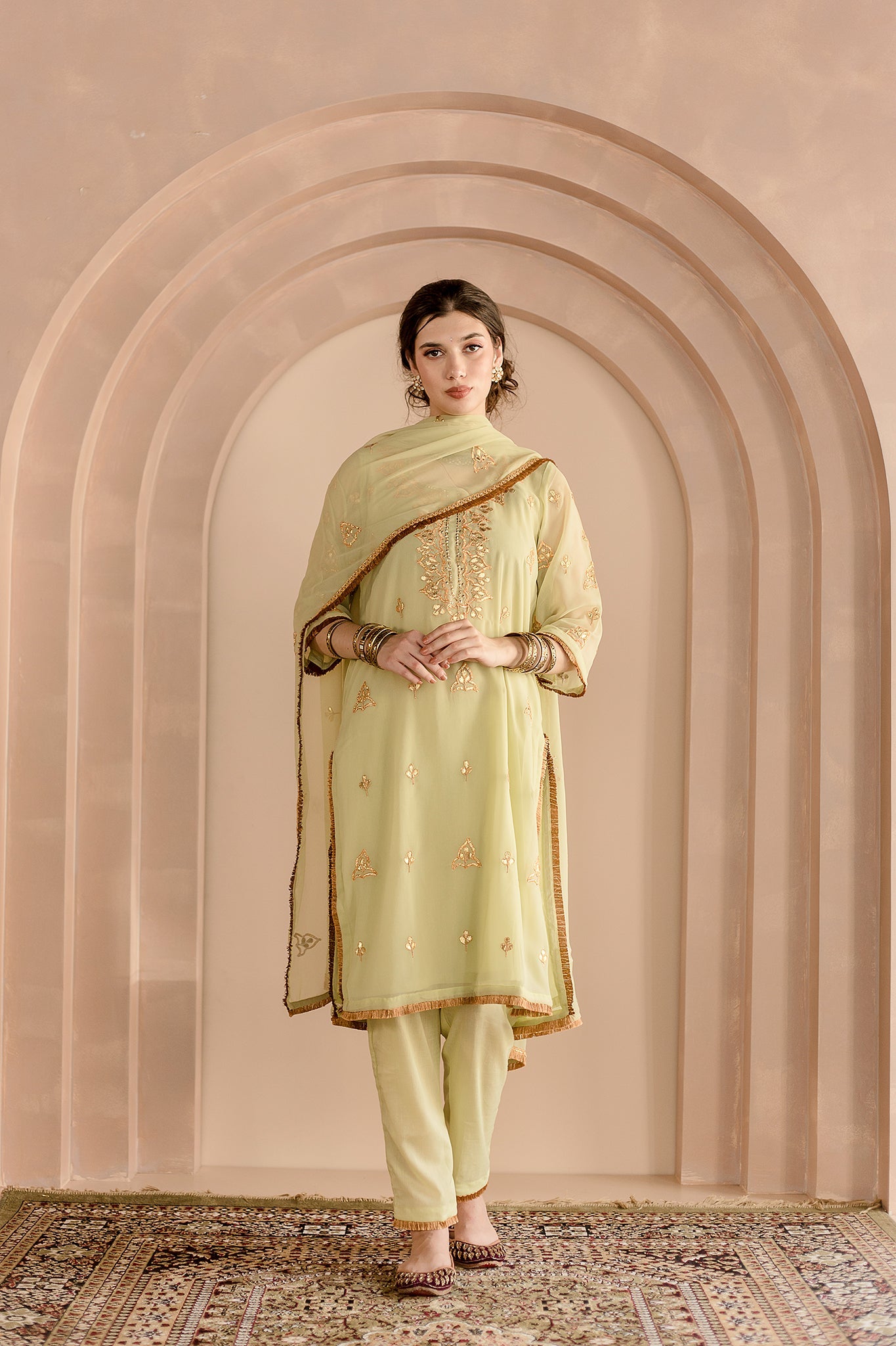 SHAMA PISTA GEORGETTE STRAIGHT KURTA SET WITH GOTA PATTI DETAILING