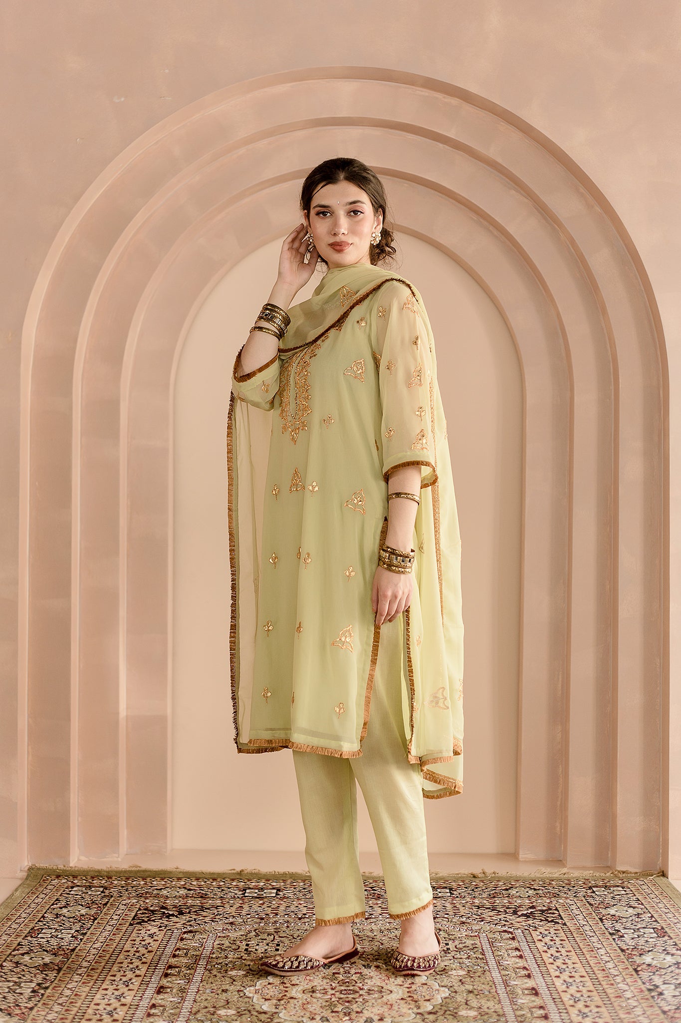 Shama Pista Georgette Straight Kurta Set With Gota Patti Detailing