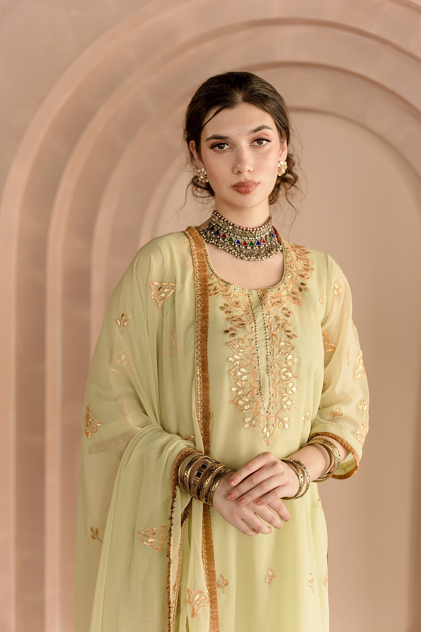 SHAMA PISTA GEORGETTE STRAIGHT KURTA SET WITH GOTA PATTI DETAILING