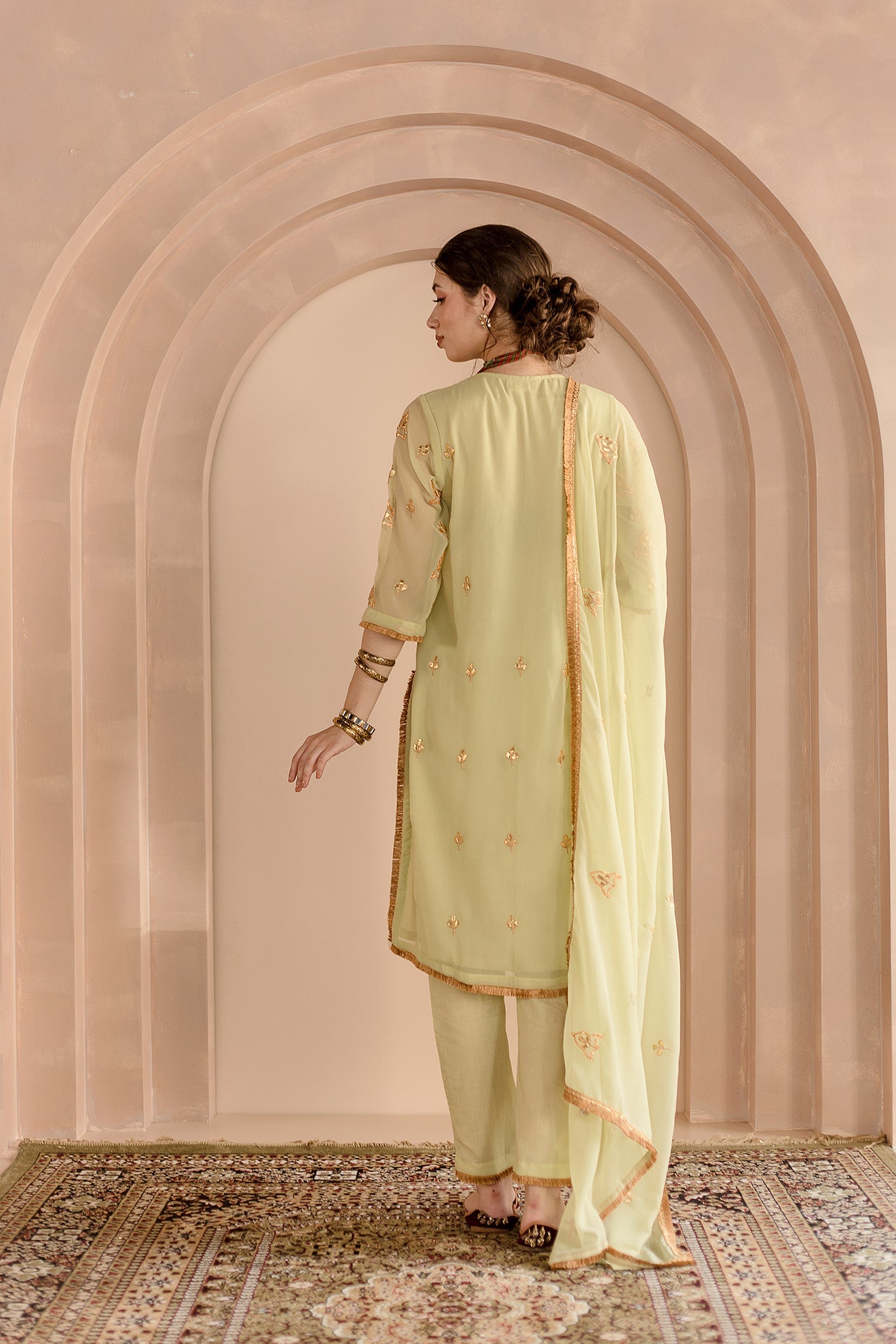 SHAMA PISTA GEORGETTE STRAIGHT KURTA SET WITH GOTA PATTI DETAILING