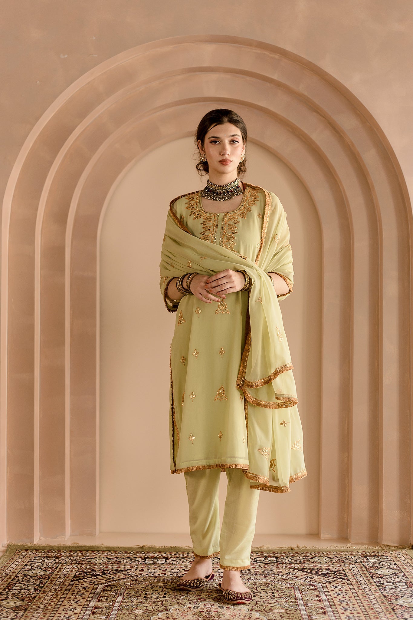 SHAMA PISTA GEORGETTE STRAIGHT KURTA SET WITH GOTA PATTI DETAILING