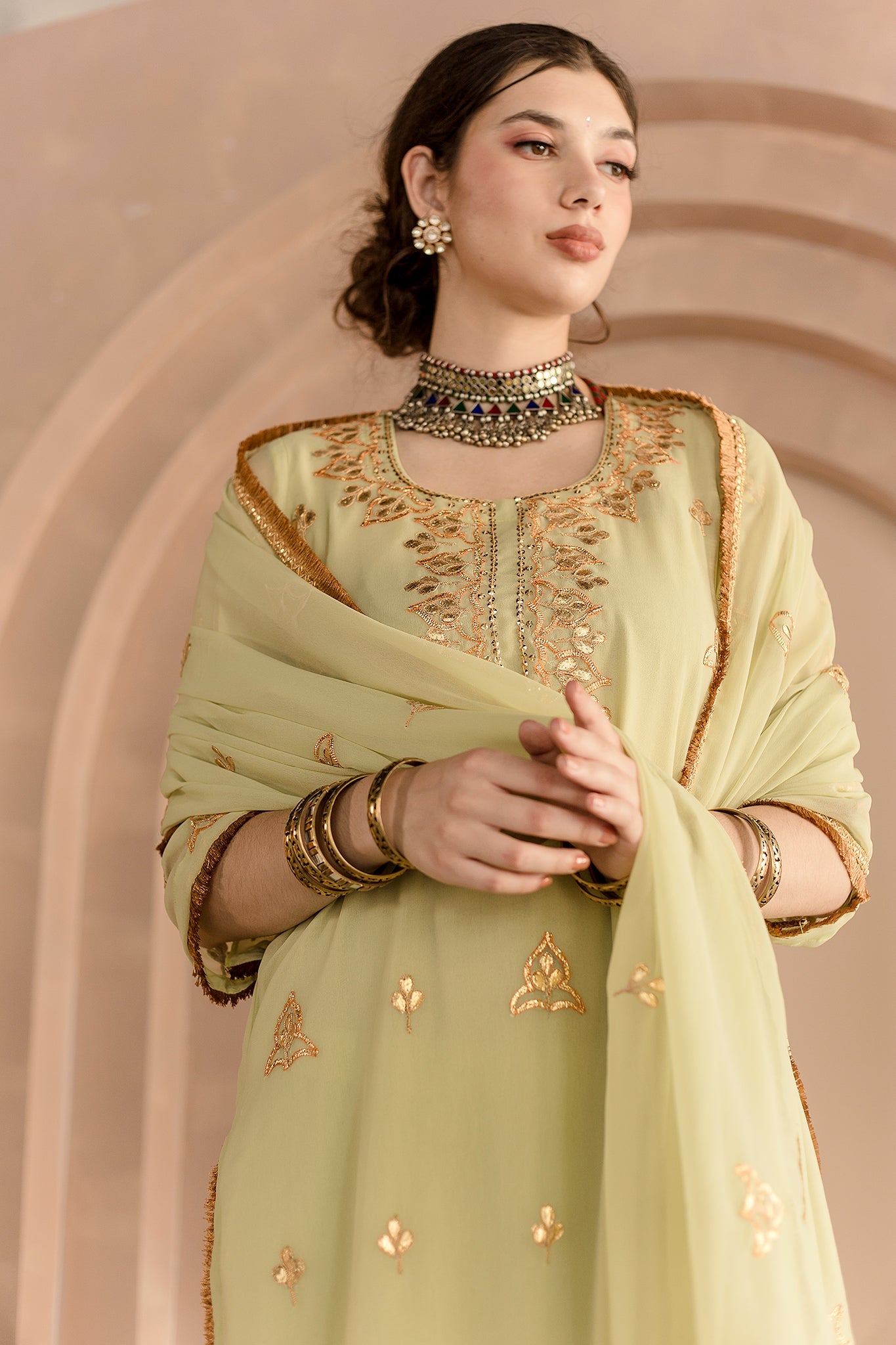 SHAMA PISTA GEORGETTE STRAIGHT KURTA SET WITH GOTA PATTI DETAILING