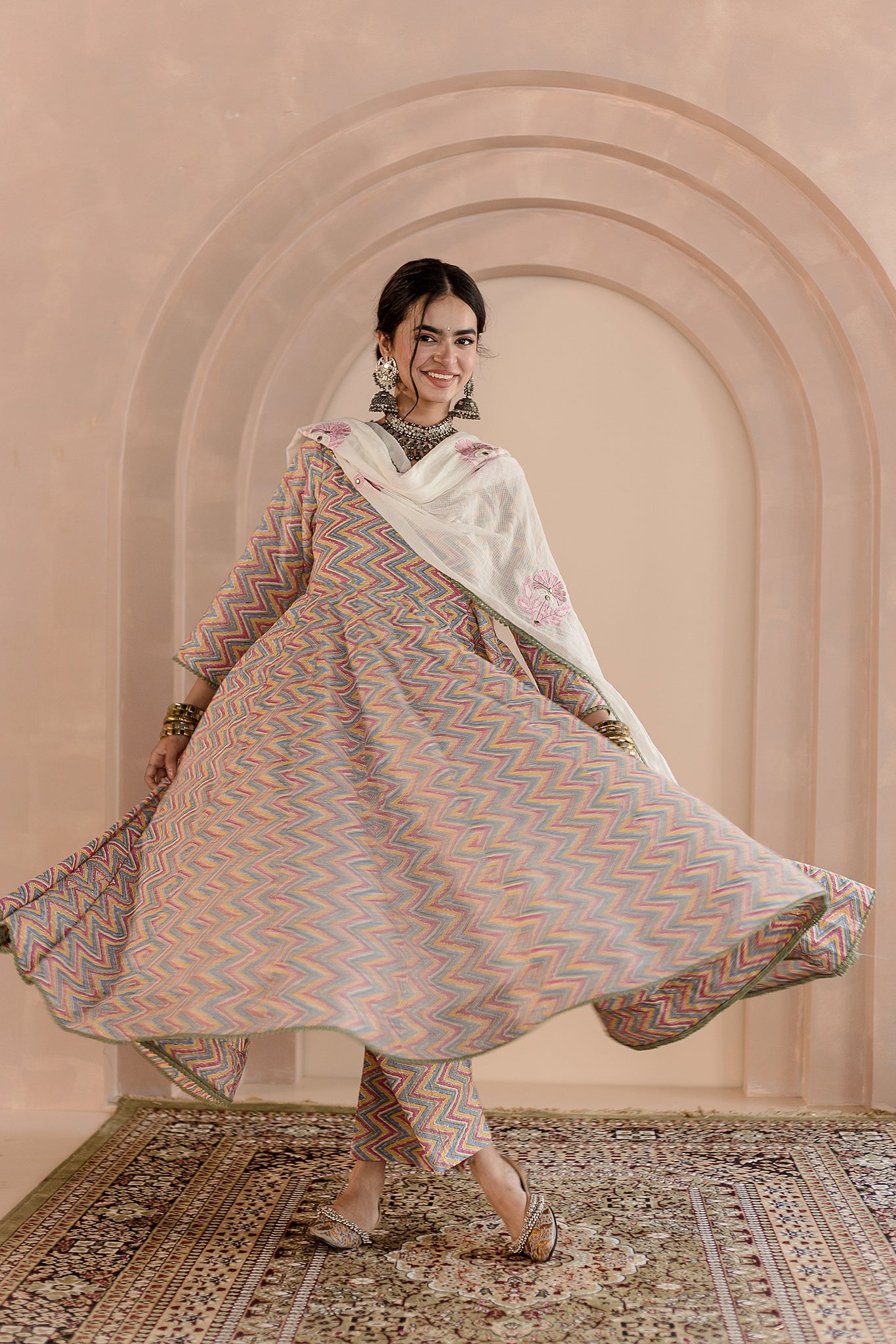 SHAILA WHITE COTTON ANARKALI SET WITH EMBROIDERED DORIYA DUPATTA