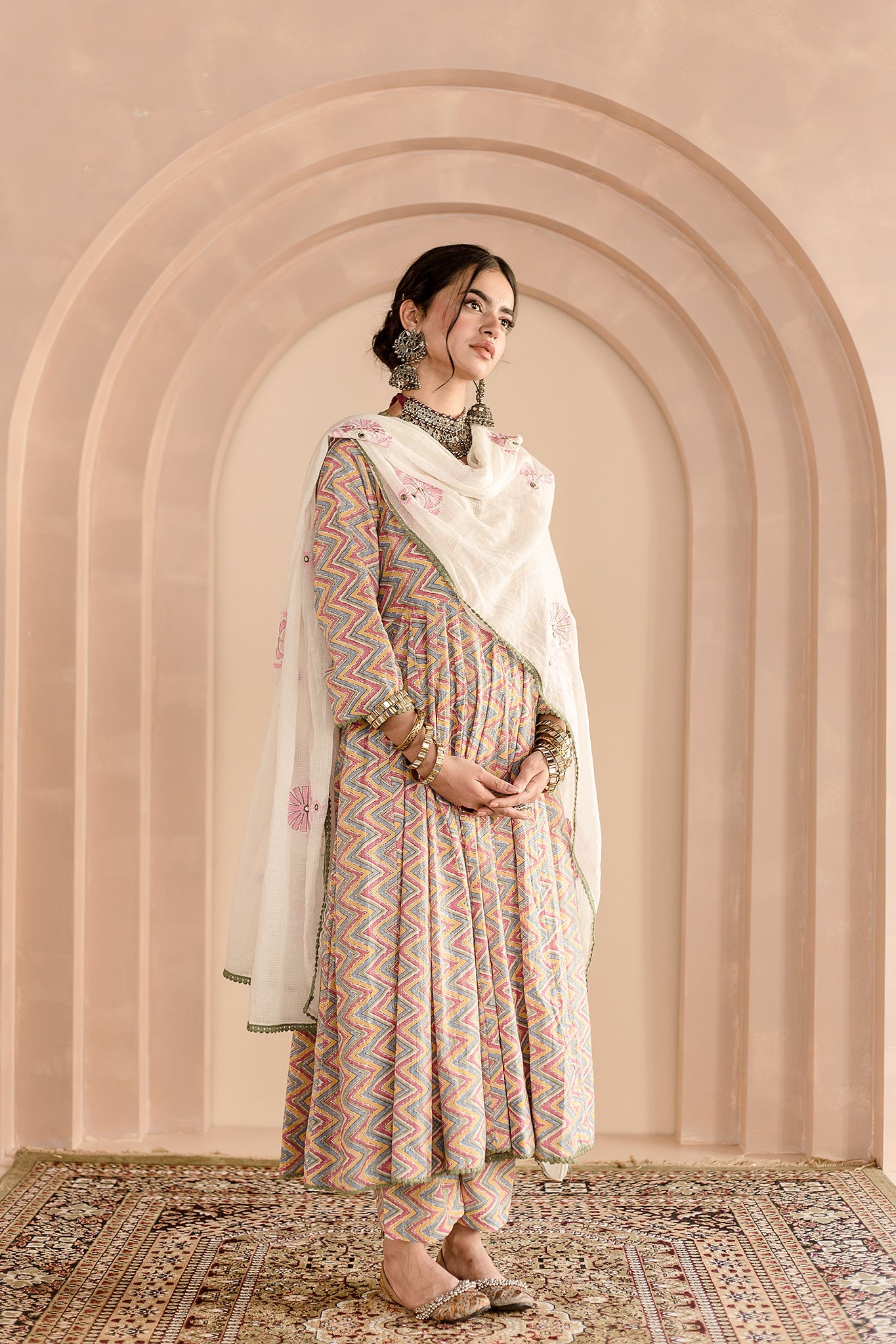 SHAILA WHITE COTTON ANARKALI SET WITH EMBROIDERED DORIYA DUPATTA