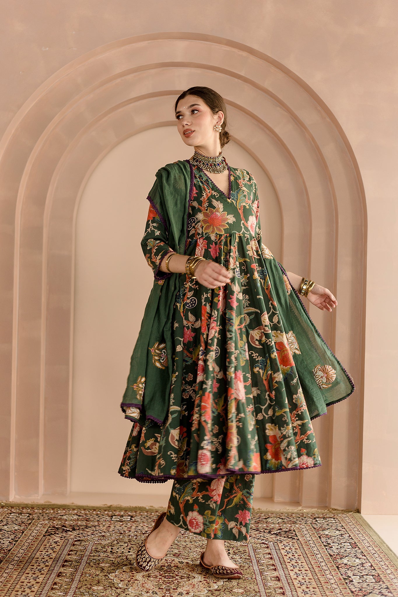 SHAILA GREEN COTTON ANARKALI SET WITH EMBROIDERED DORIYA DUPATTA