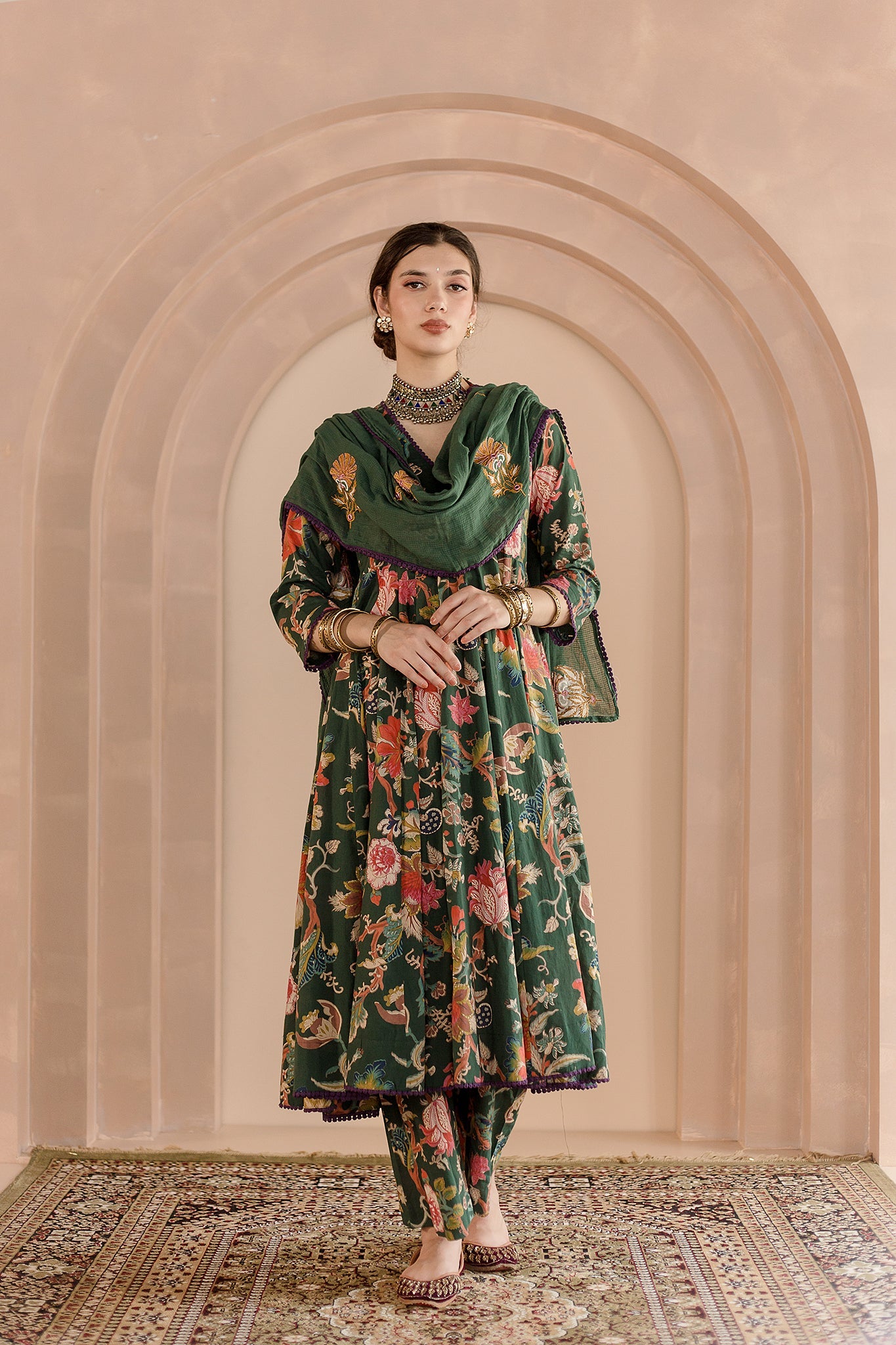 SHAILA GREEN COTTON ANARKALI SET WITH EMBROIDERED DORIYA DUPATTA