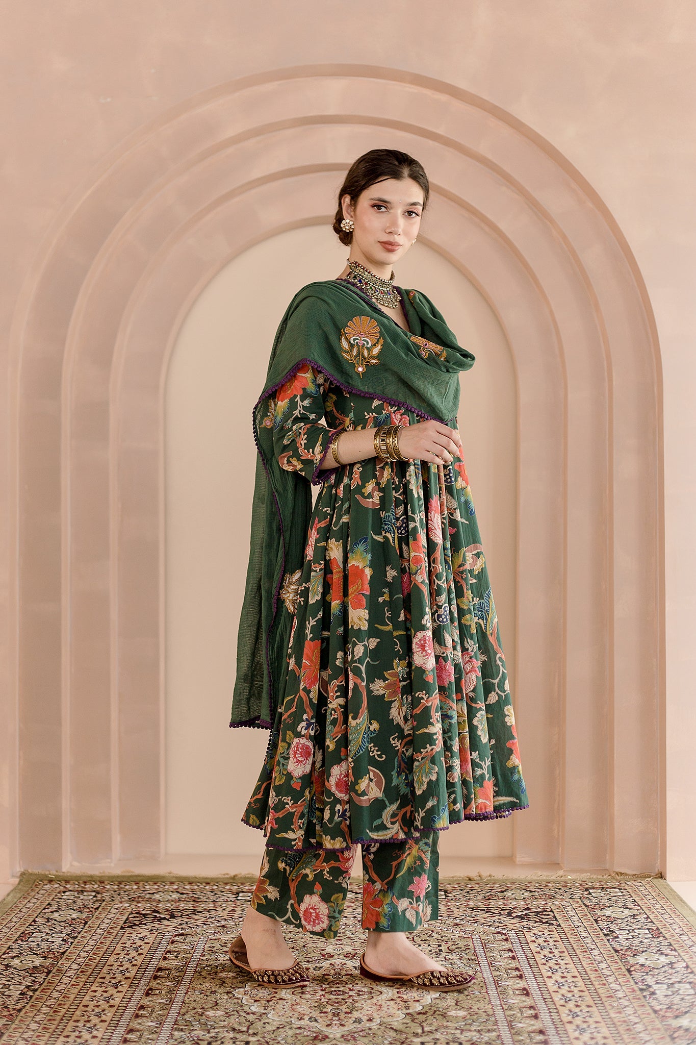 SHAILA GREEN COTTON ANARKALI SET WITH EMBROIDERED DORIYA DUPATTA