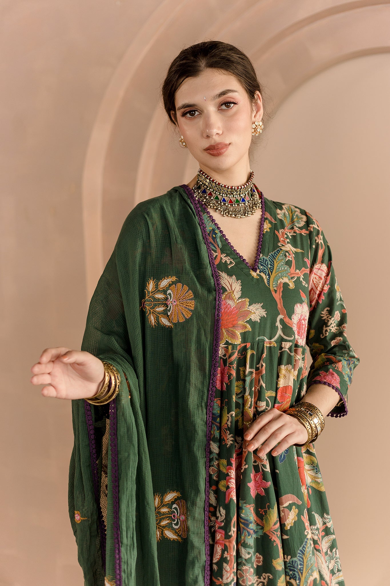 SHAILA GREEN COTTON ANARKALI SET WITH EMBROIDERED DORIYA DUPATTA