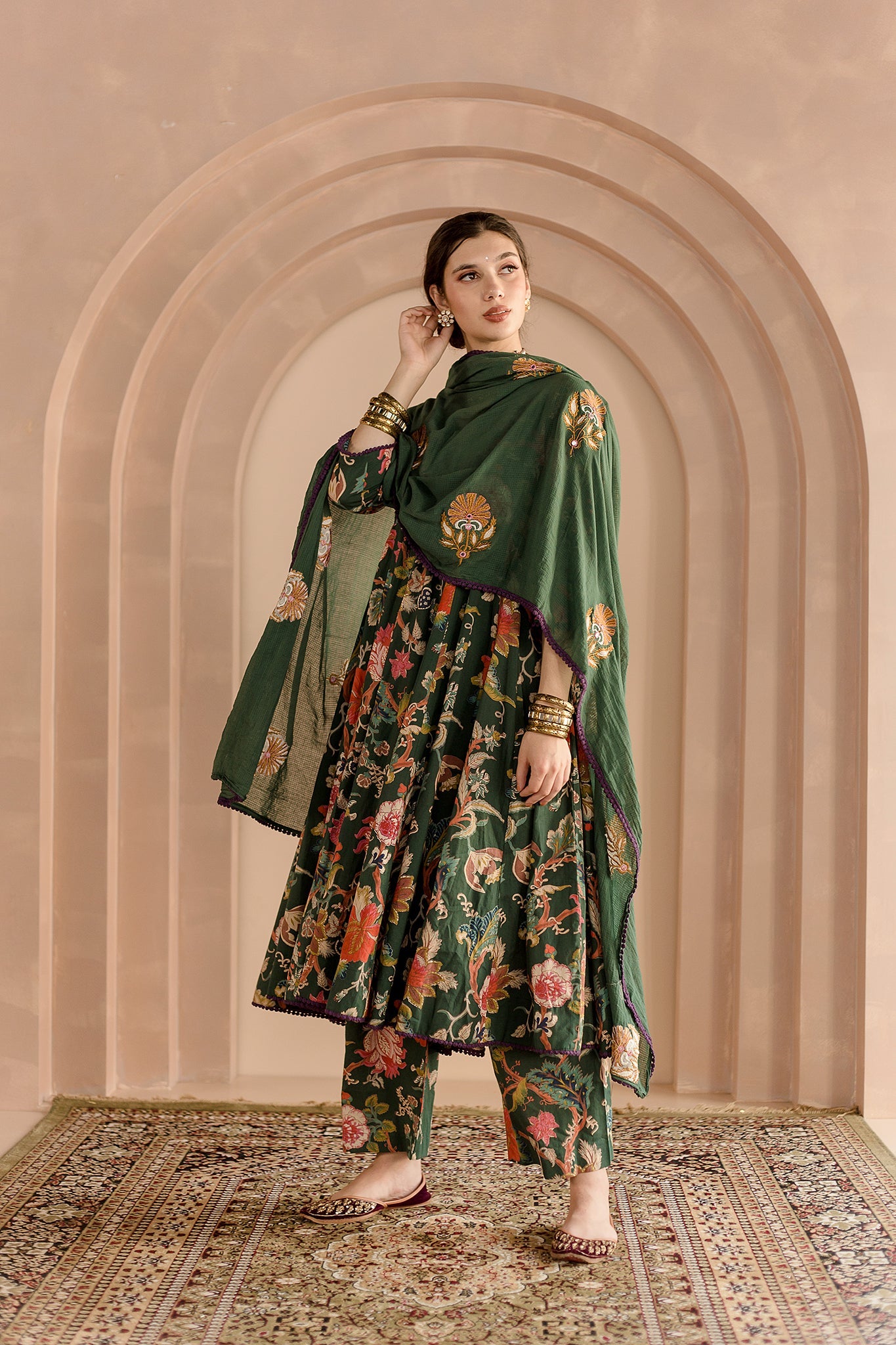 SHAILA GREEN COTTON ANARKALI SET WITH EMBROIDERED DORIYA DUPATTA