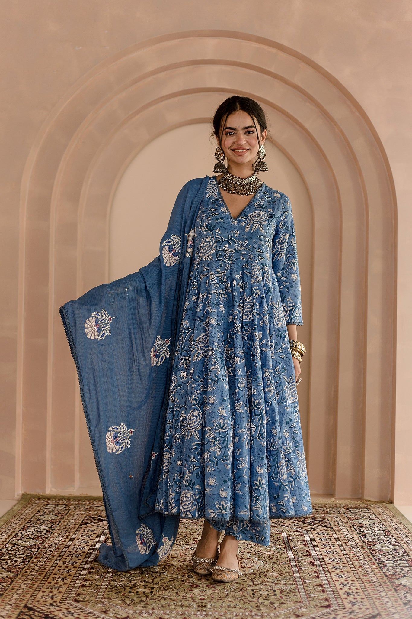 SHAILA BLUE COTTON ANARKALI SET WITH EMBROIDERED DORIYA DUPATTA