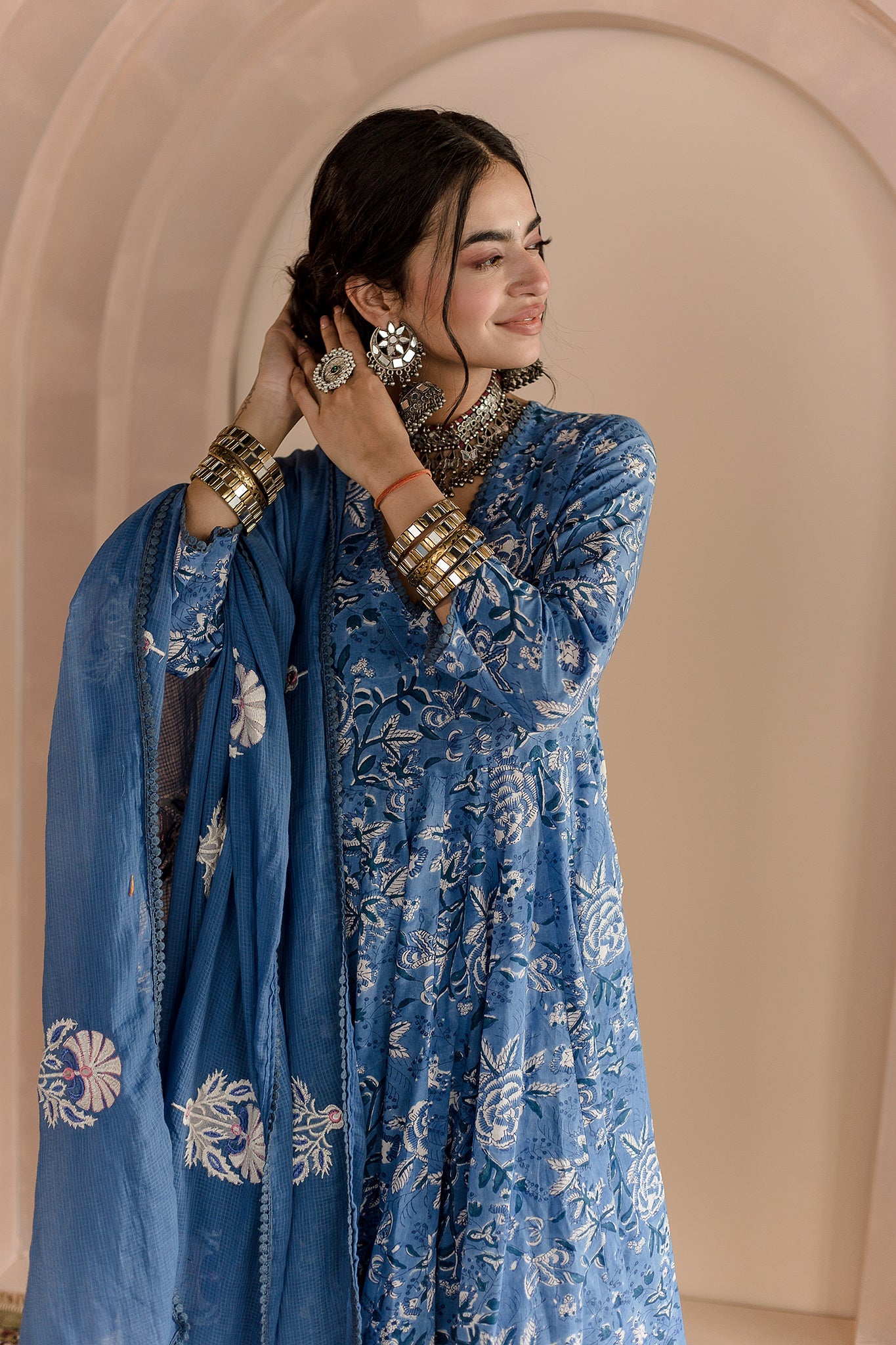 SHAILA BLUE COTTON ANARKALI SET WITH EMBROIDERED DORIYA DUPATTA