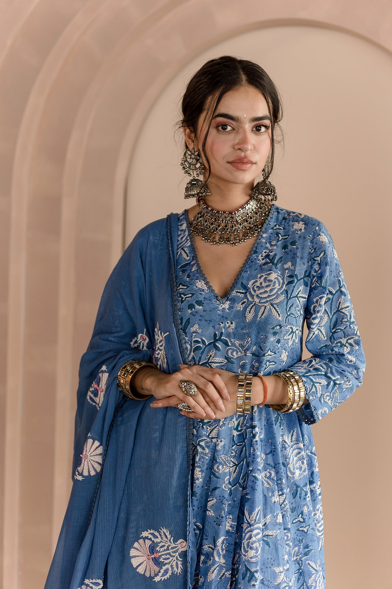 SHAILA BLUE COTTON ANARKALI SET WITH EMBROIDERED DORIYA DUPATTA