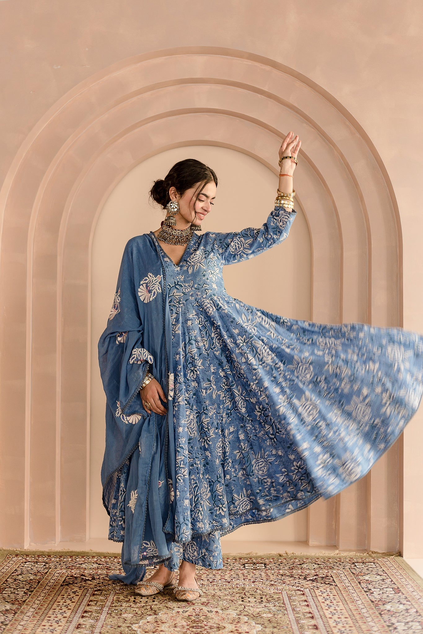 SHAILA BLUE COTTON ANARKALI SET WITH EMBROIDERED DORIYA DUPATTA