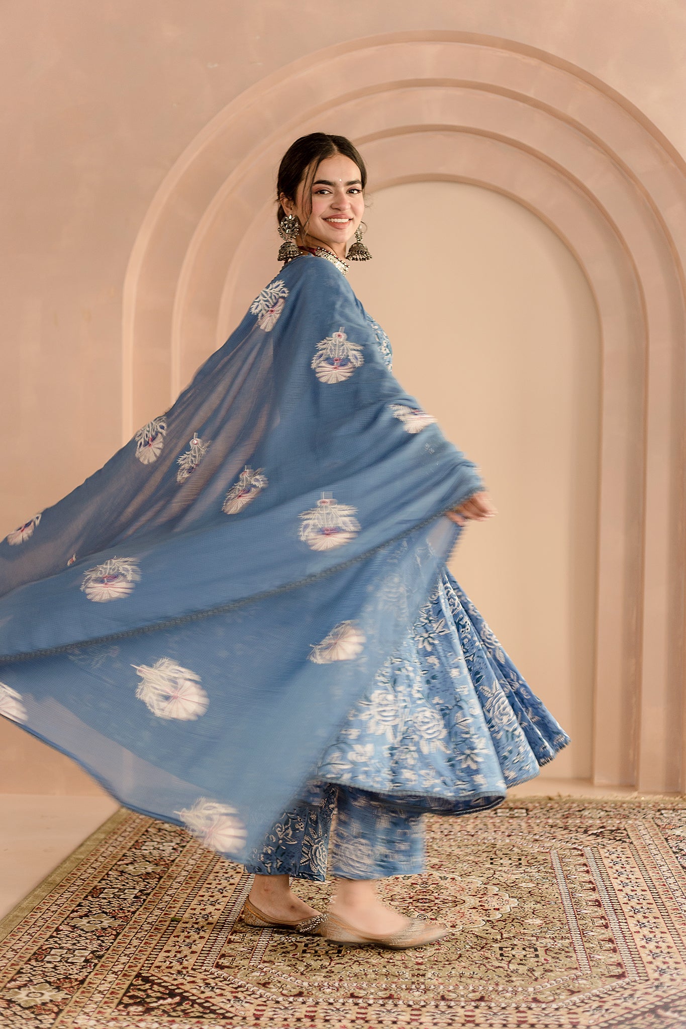 SHAILA BLUE COTTON ANARKALI SET WITH EMBROIDERED DORIYA DUPATTA