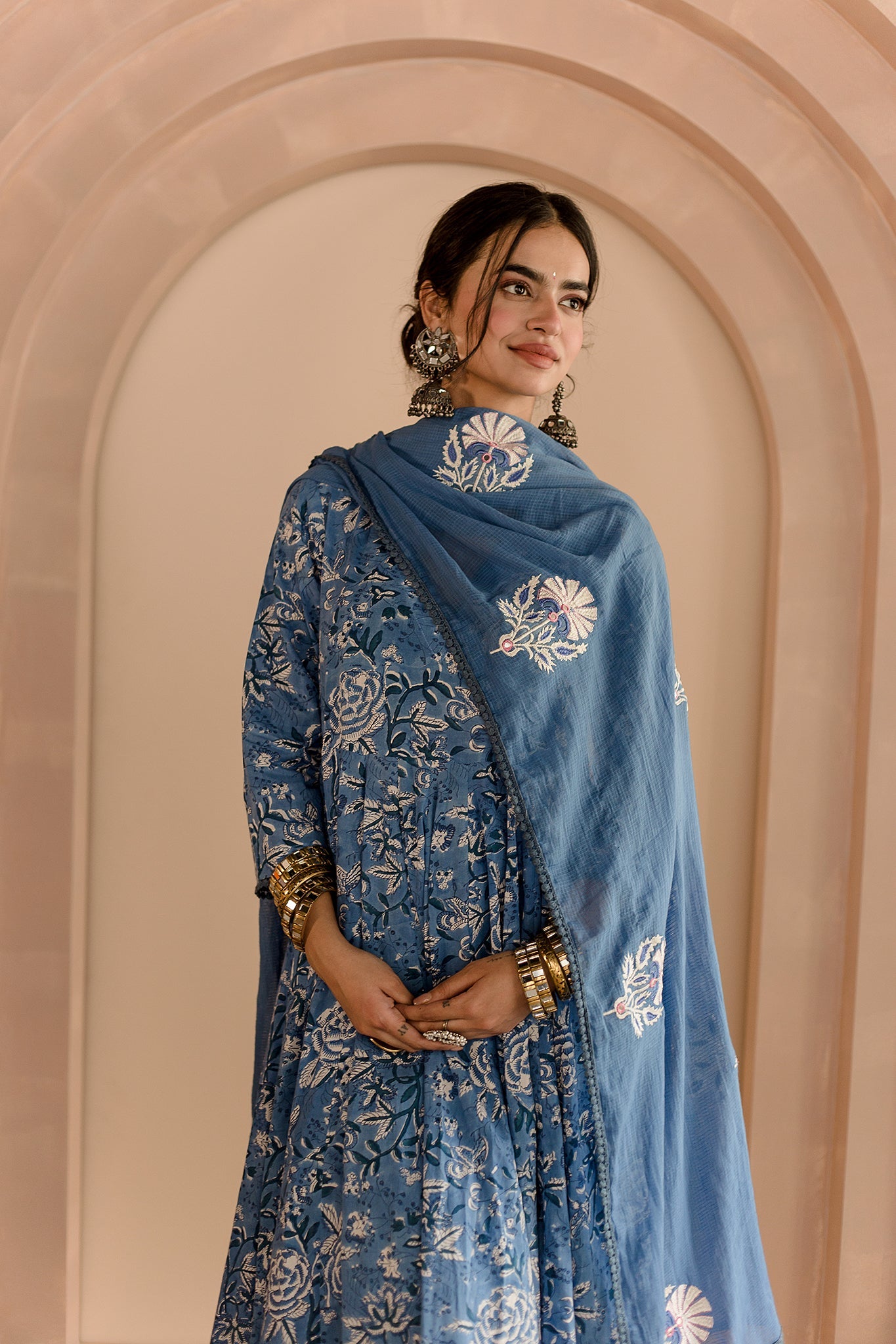 SHAILA BLUE COTTON ANARKALI SET WITH EMBROIDERED DORIYA DUPATTA