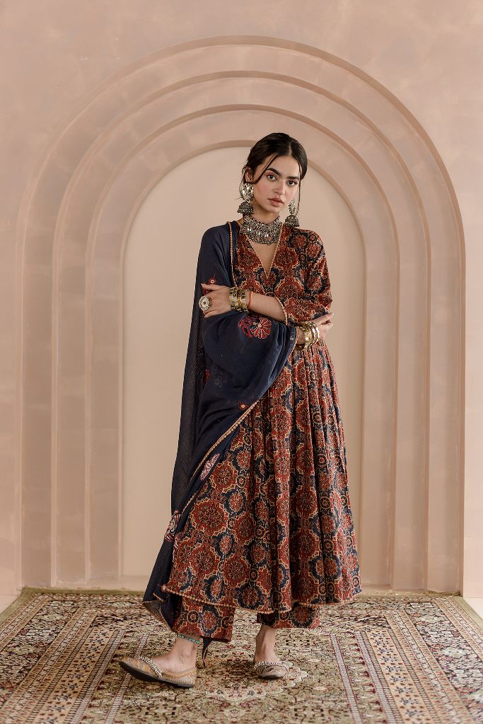 SHAILA INDIGO COTTON  ANARKALI SET WITH DORIYA DUPATTA