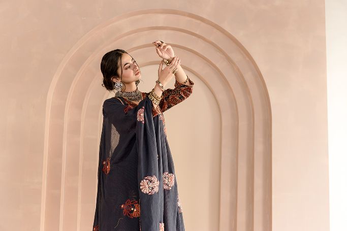 SHAILA INDIGO COTTON  ANARKALI SET WITH DORIYA DUPATTA