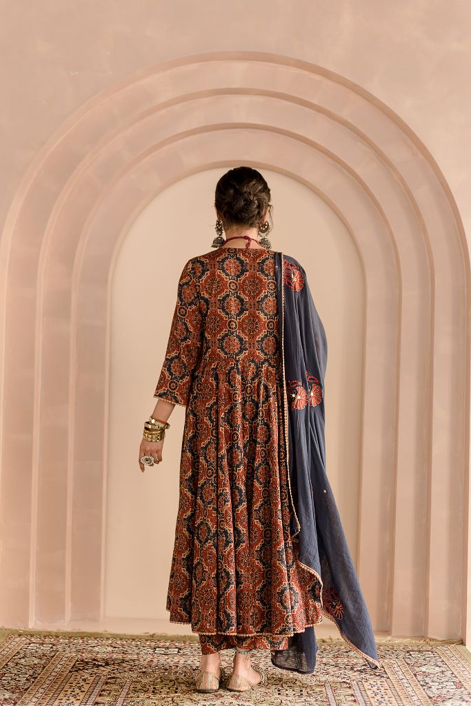 SHAILA INDIGO COTTON  ANARKALI SET WITH DORIYA DUPATTA