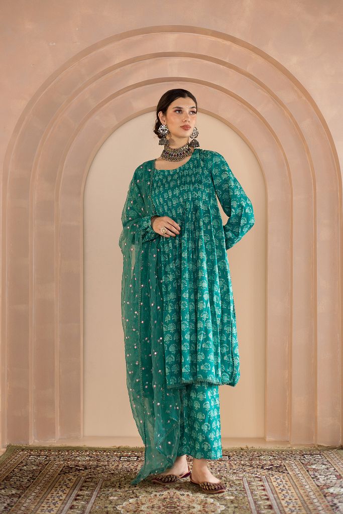 SHRIYA GREEN COTTON KURTA SET WITH ORGANZA DUPATTA