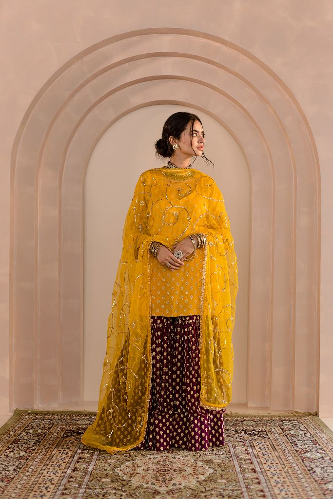 EMBROIDERED MUSLIN ZEBA SET WITH SHARARA AND ORGANZA DUPATTA