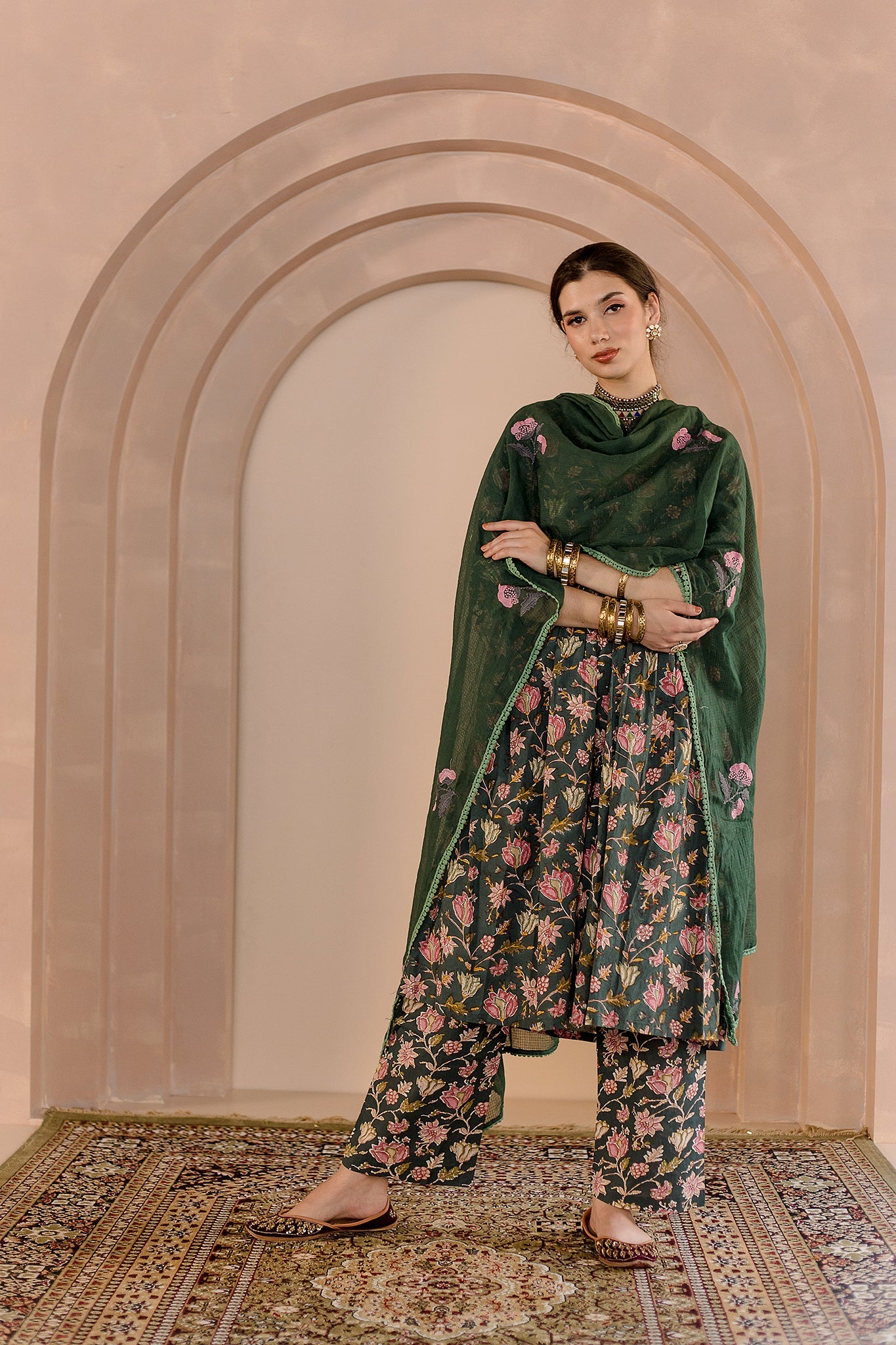 SPARROW GREEN COTTON ANARKALI SET WITH DORIYA DUPATTA