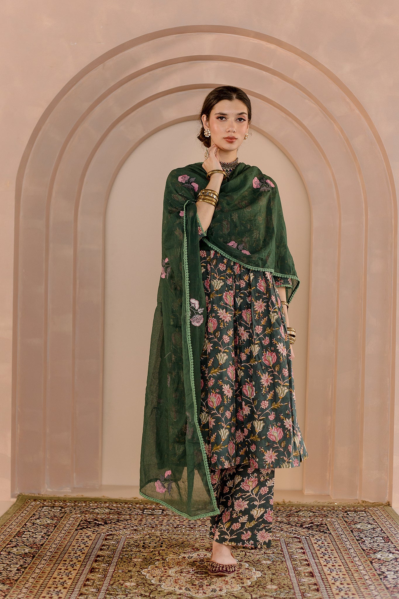 SPARROW GREEN COTTON ANARKALI SET WITH DORIYA DUPATTA