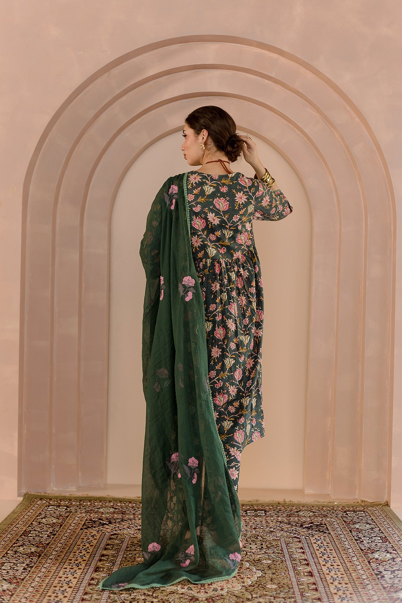 SPARROW GREEN COTTON ANARKALI SET WITH DORIYA DUPATTA