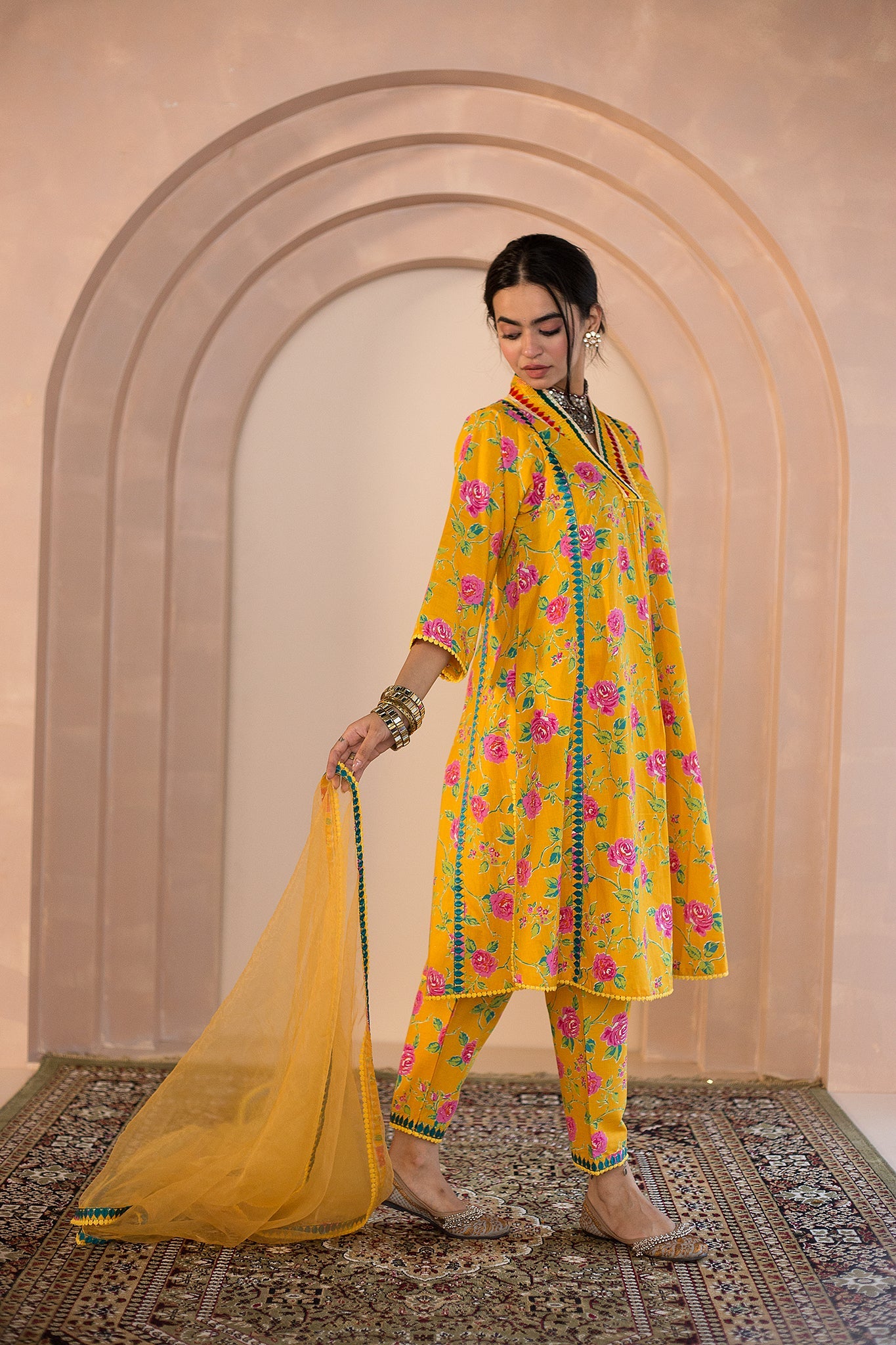 MACHINE EMBROIDERED NECKLINE TANVI YELLOW STRAIGHT SET WITH ORGANZA DUPATTA