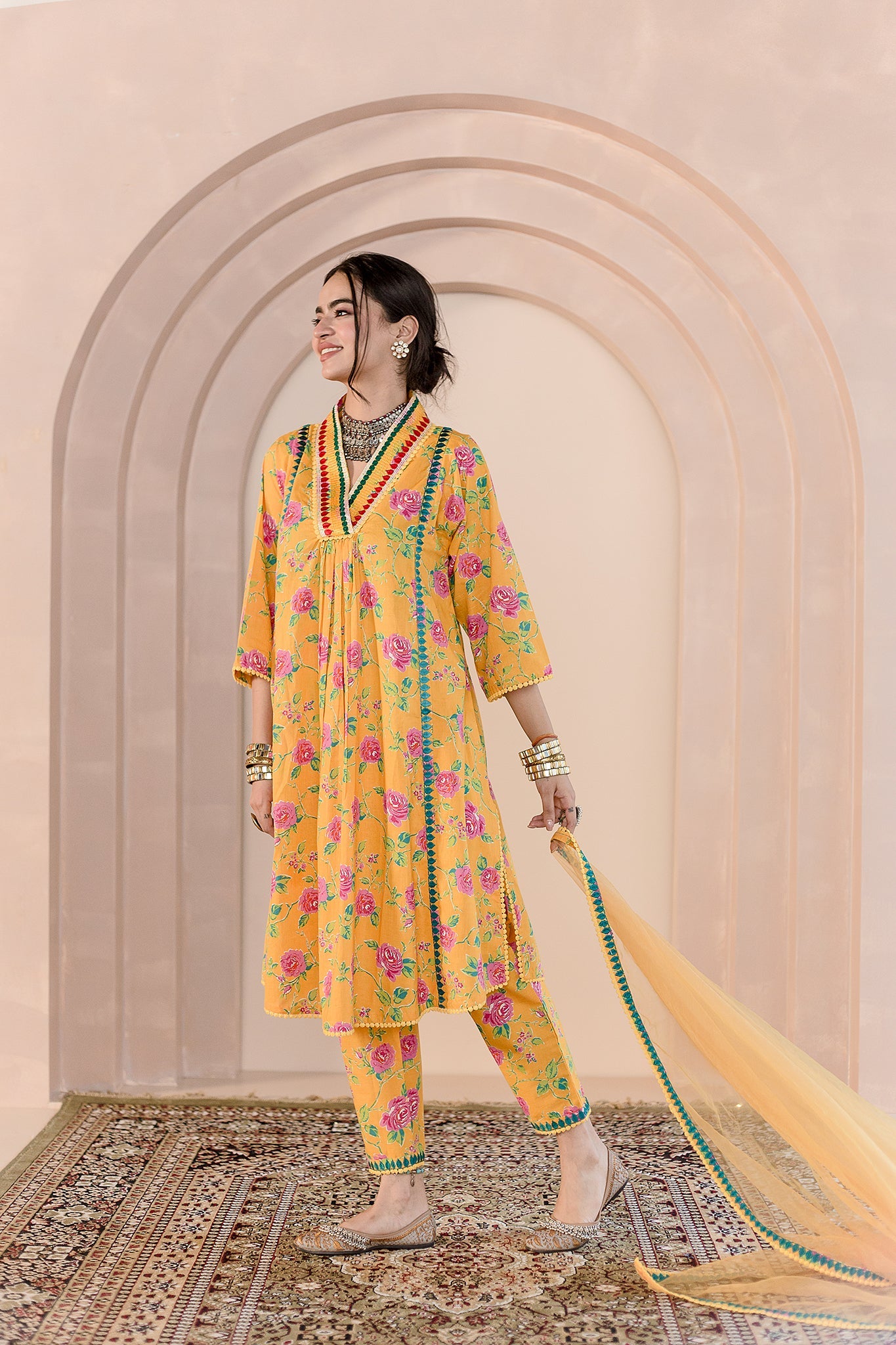 MACHINE EMBROIDERED NECKLINE TANVI YELLOW STRAIGHT SET WITH ORGANZA DUPATTA