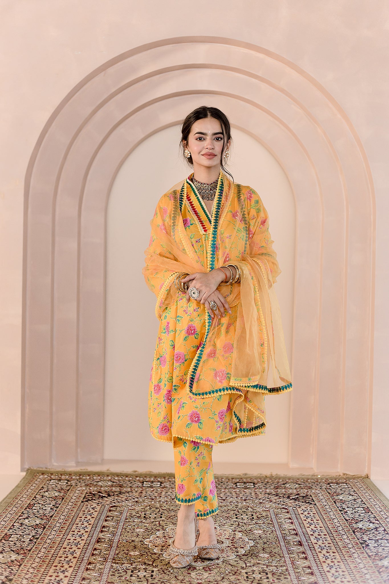 MACHINE EMBROIDERED NECKLINE TANVI YELLOW STRAIGHT SET WITH ORGANZA DUPATTA