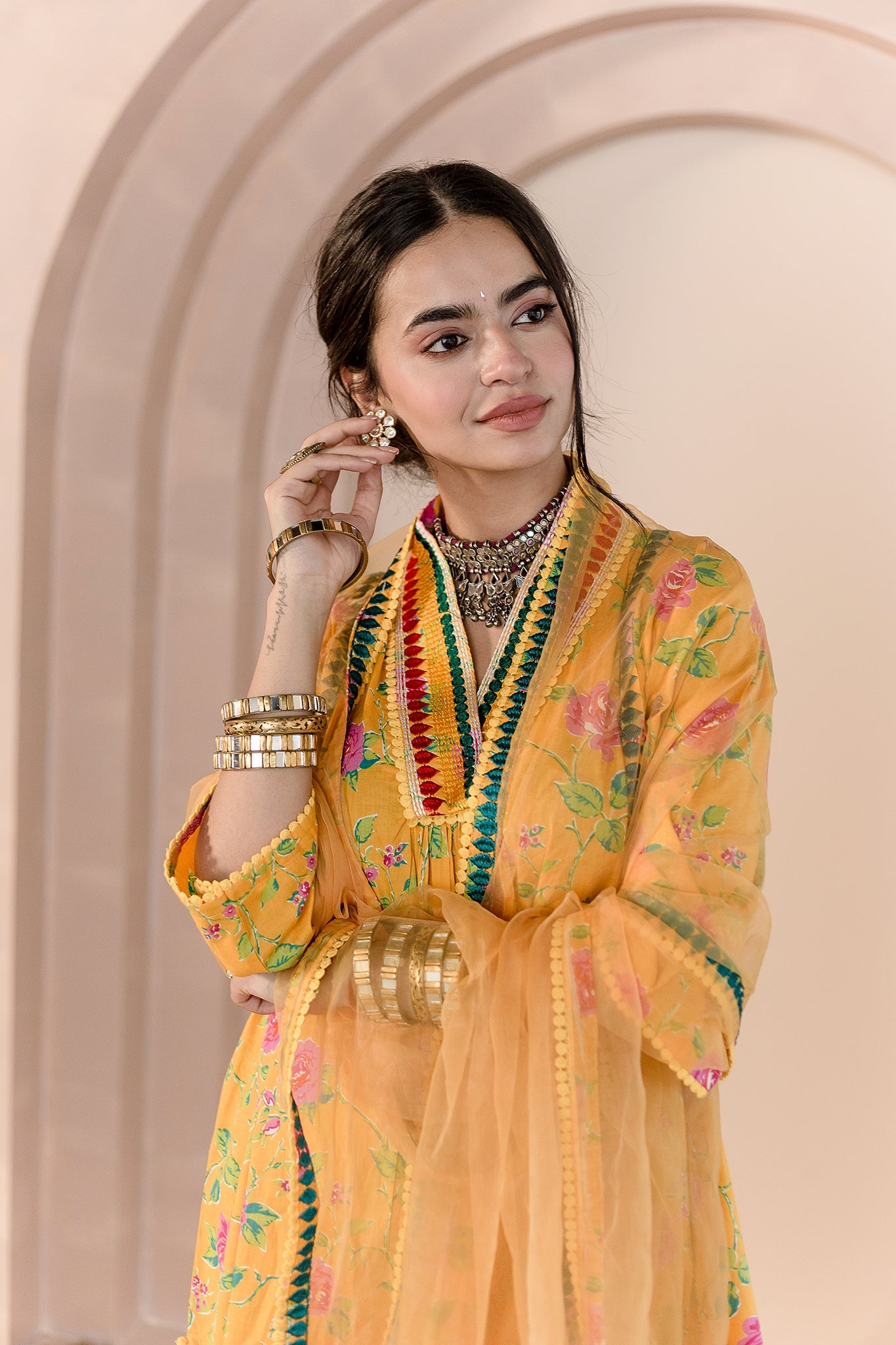 MACHINE EMBROIDERED NECKLINE TANVI YELLOW STRAIGHT SET WITH ORGANZA DUPATTA