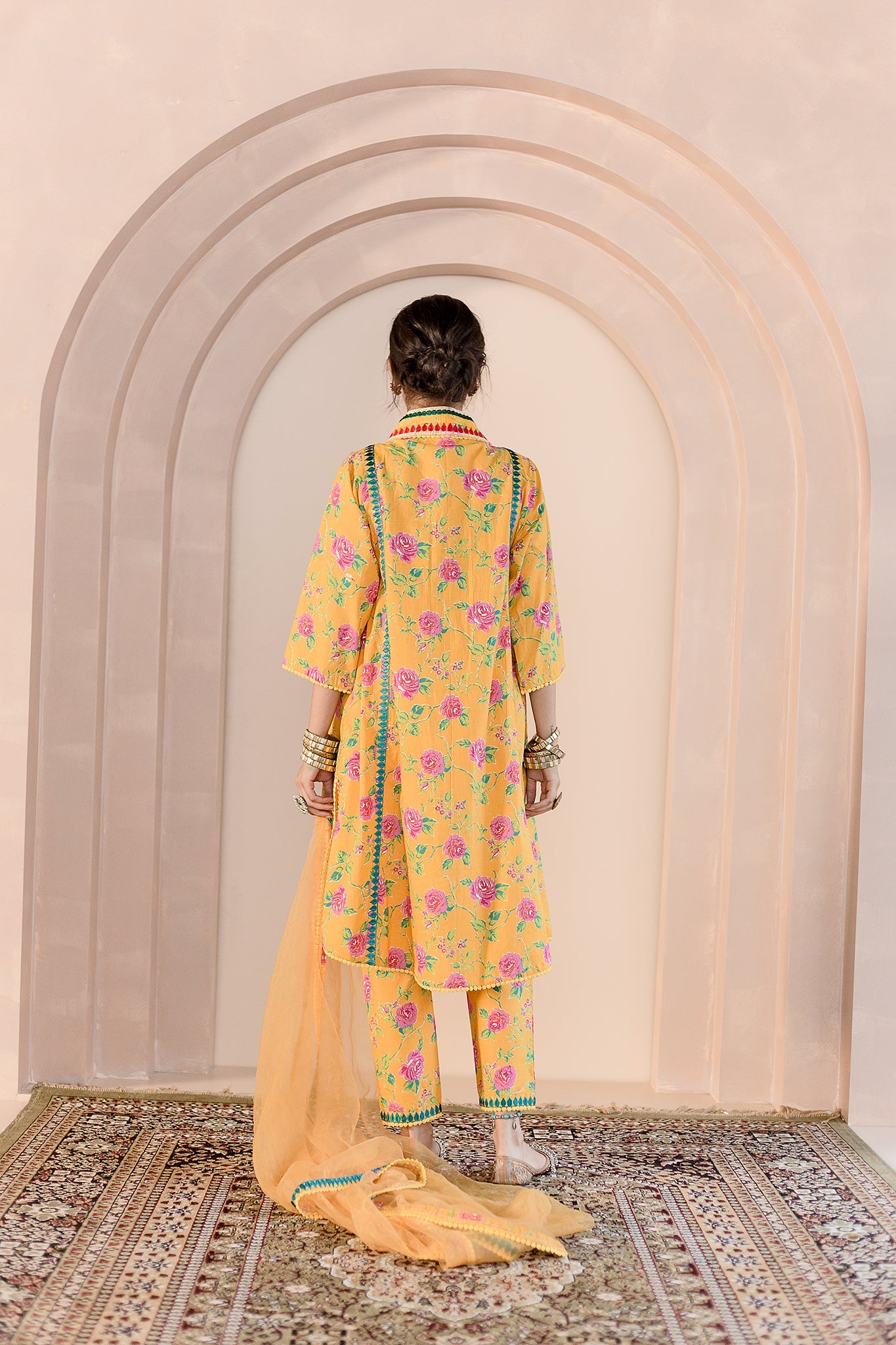 MACHINE EMBROIDERED NECKLINE TANVI YELLOW STRAIGHT SET WITH ORGANZA DUPATTA