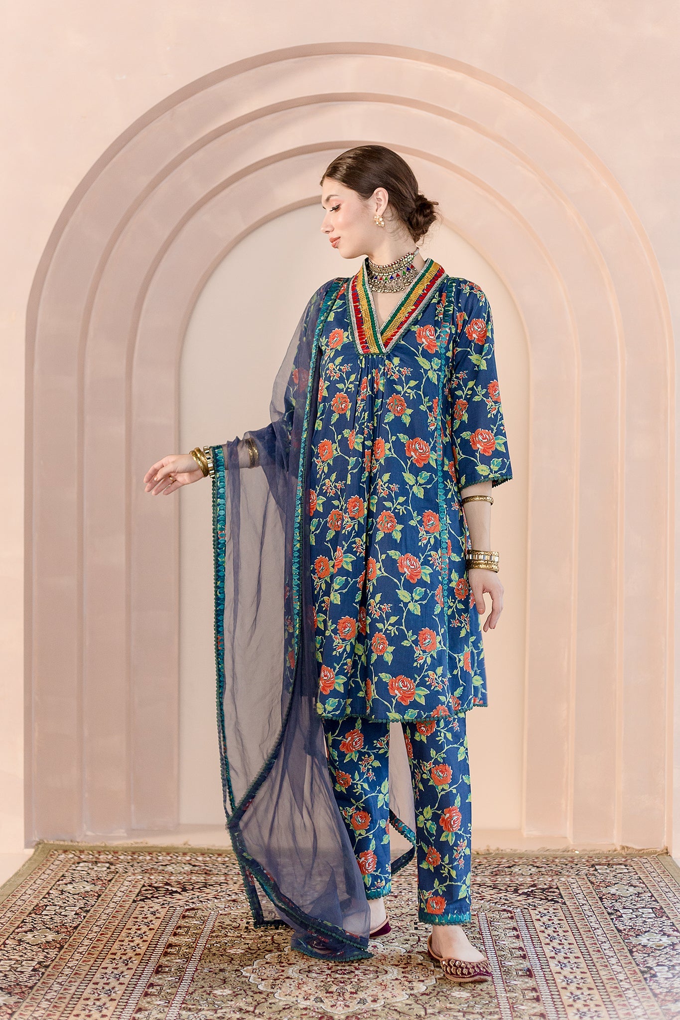 MACHINE EMBROIDERED NECKLINE TANVI BLUE STRAIGHT KURTA SET WITH ORGANZA DUPATTA