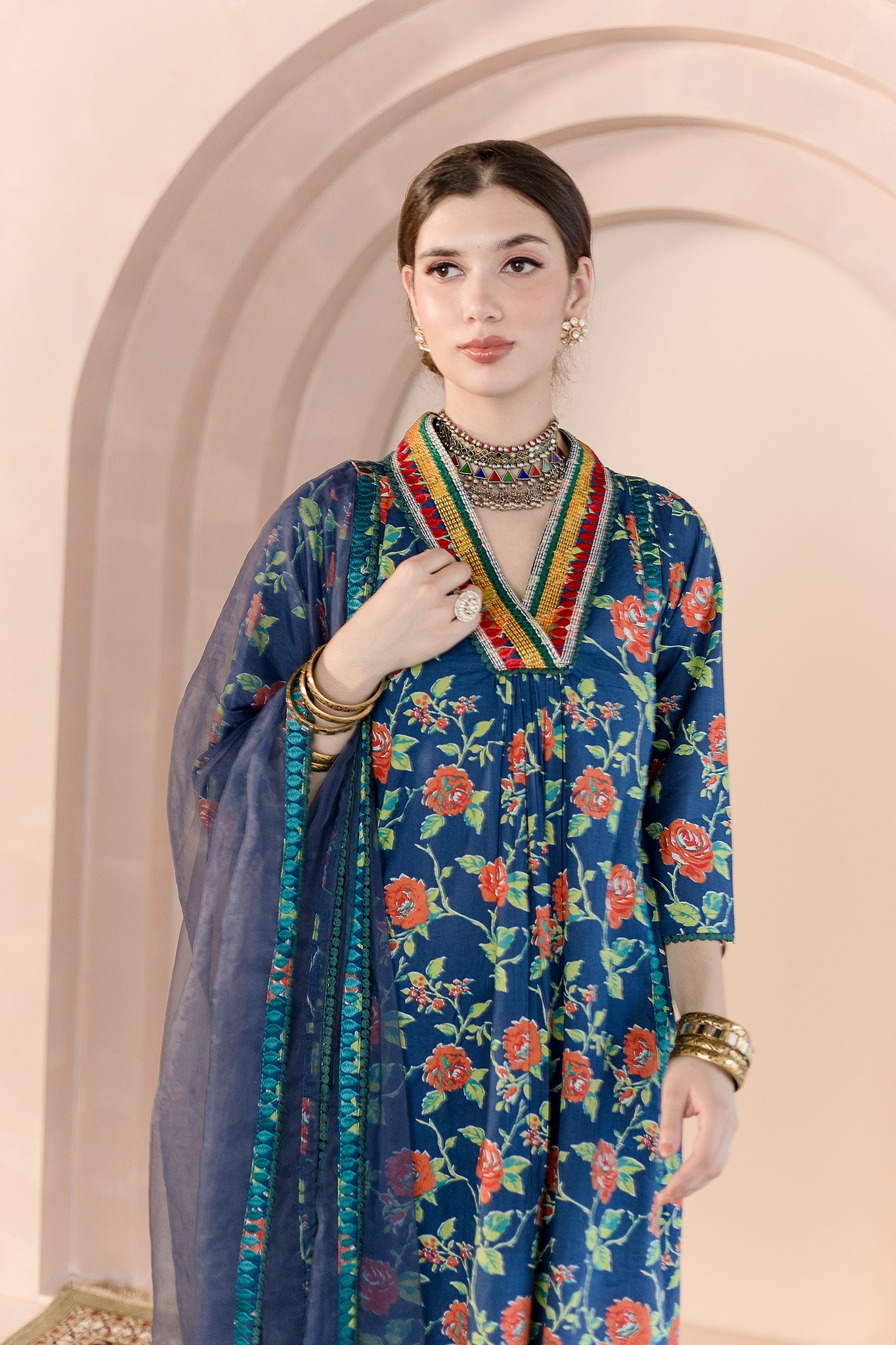 MACHINE EMBROIDERED NECKLINE TANVI BLUE STRAIGHT KURTA SET WITH ORGANZA DUPATTA