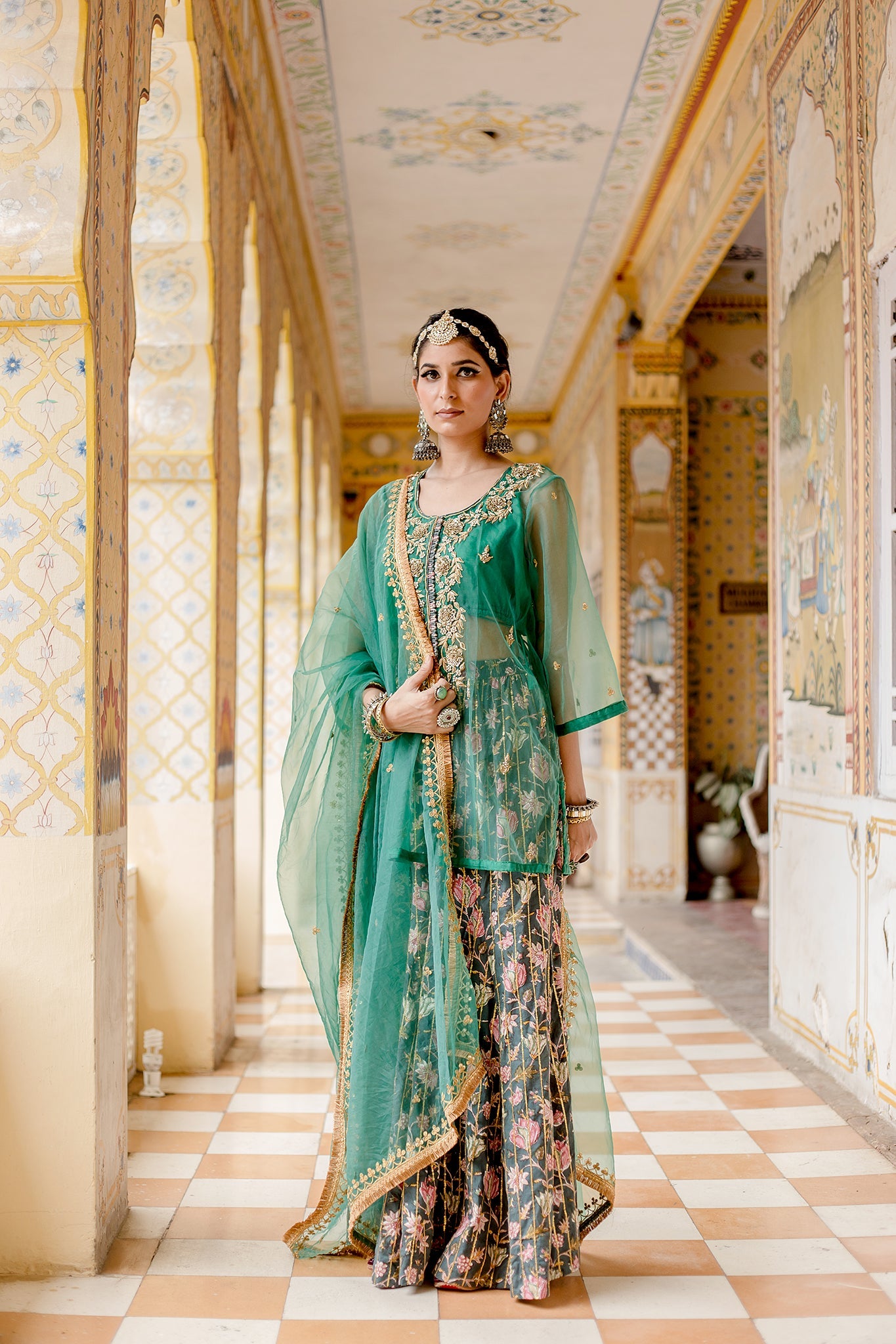 Organza Zardozi Kurta Atefa Cotton Printed Sharara Set With Organza Dupatta