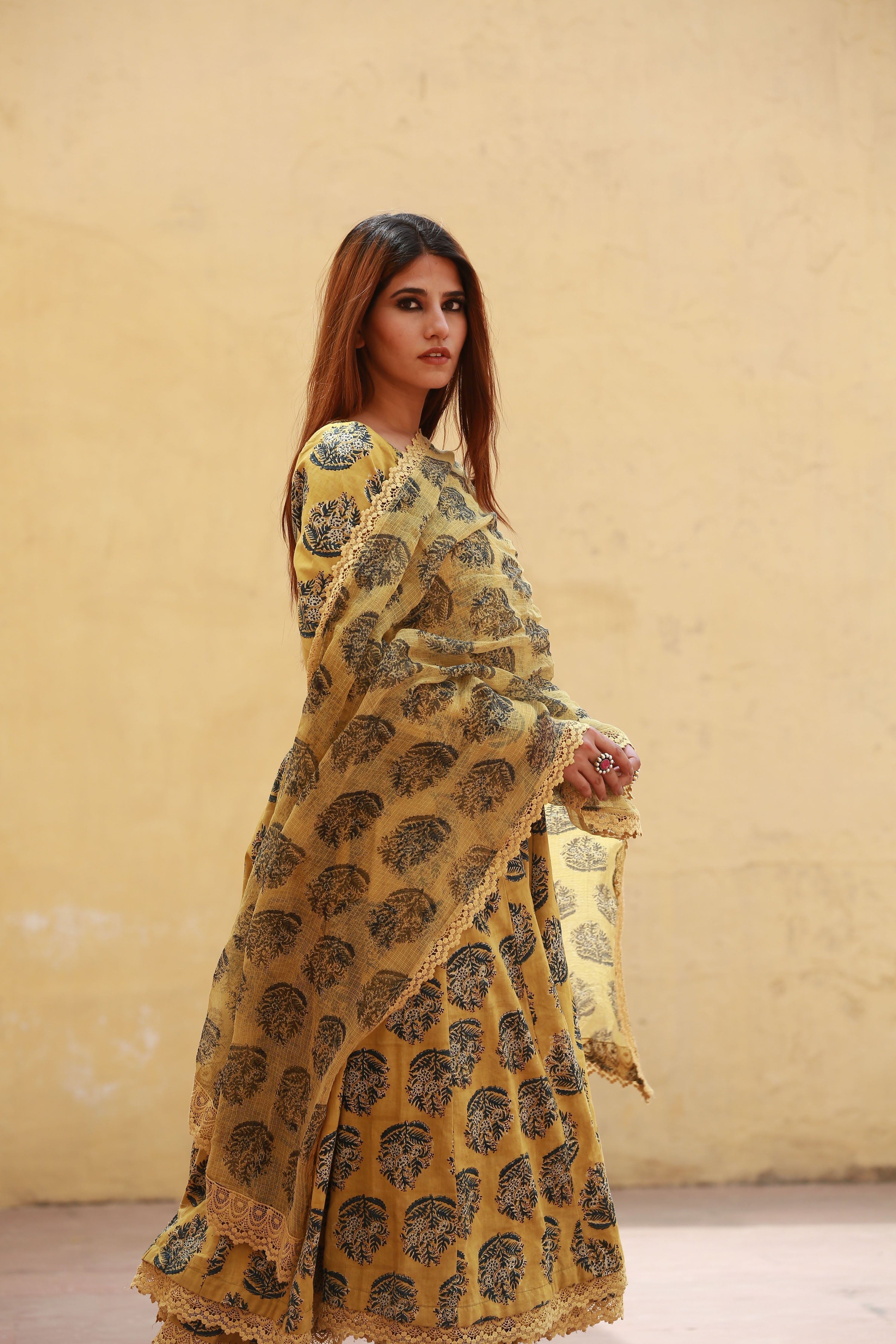 JASMINE MUSTARD ANARKALI SET Gulabo Jaipur