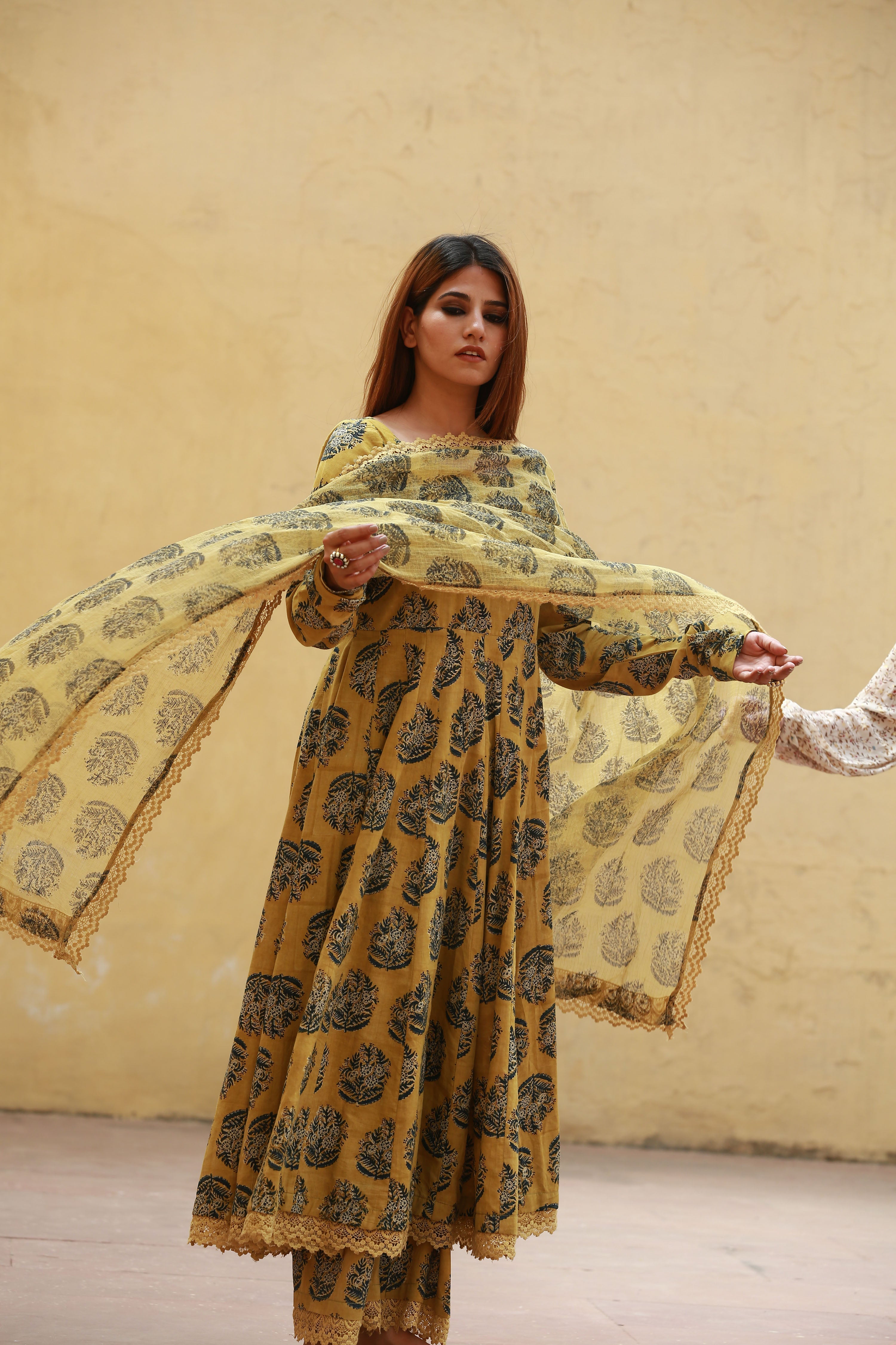 JASMINE MUSTARD ANARKALI SET Gulabo Jaipur