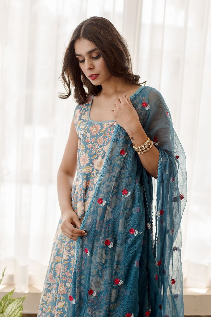 KUSHA BLUE ANARKALI SET Gulabo Jaipur